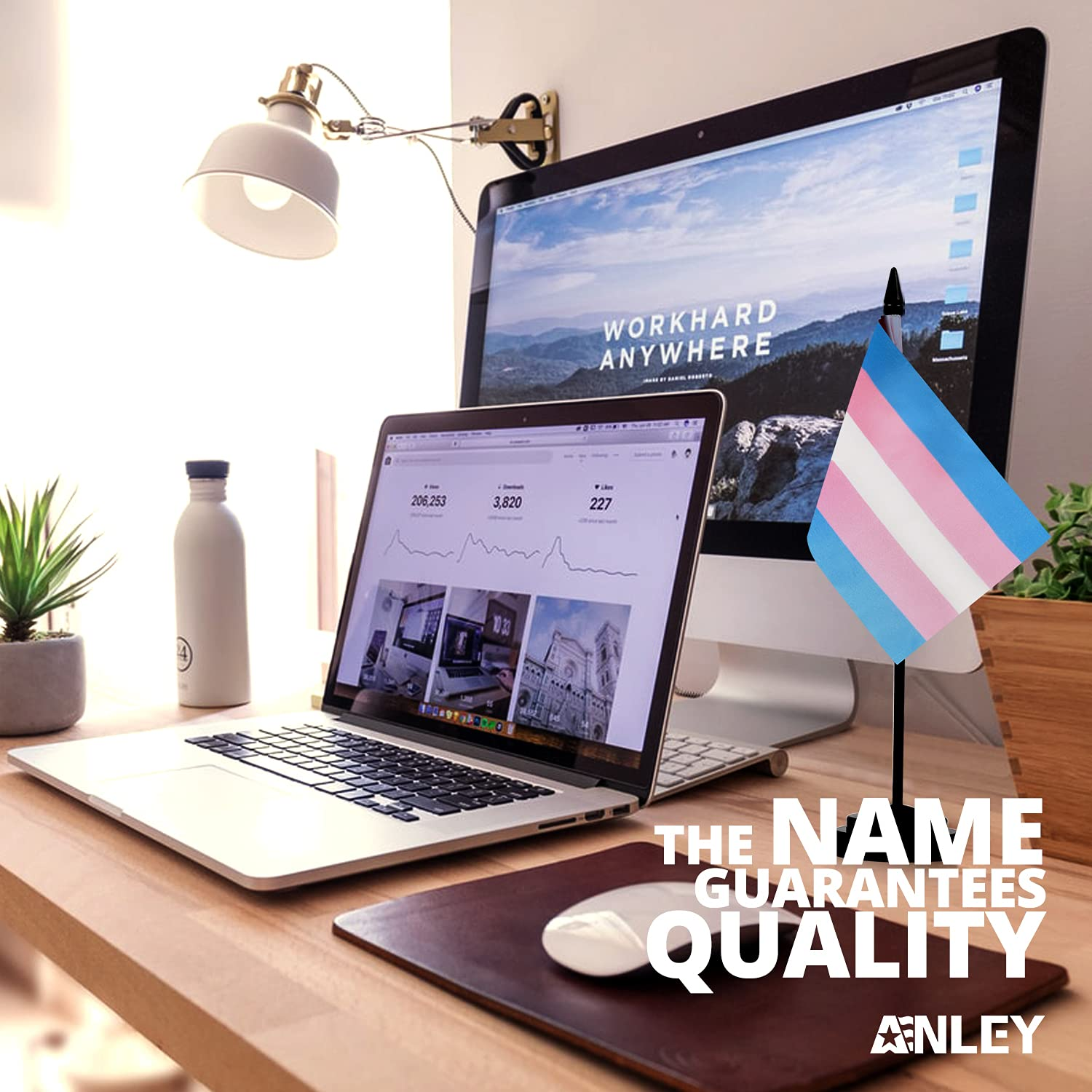 Anley Transgender Trans Pride Deluxe Desk Flag Set - 6 X 4 Inch Miniature Desktop Flag with 12" Solid Pole - Vivid Color and Fade Resistant - Black Base and Spear Top image number 3