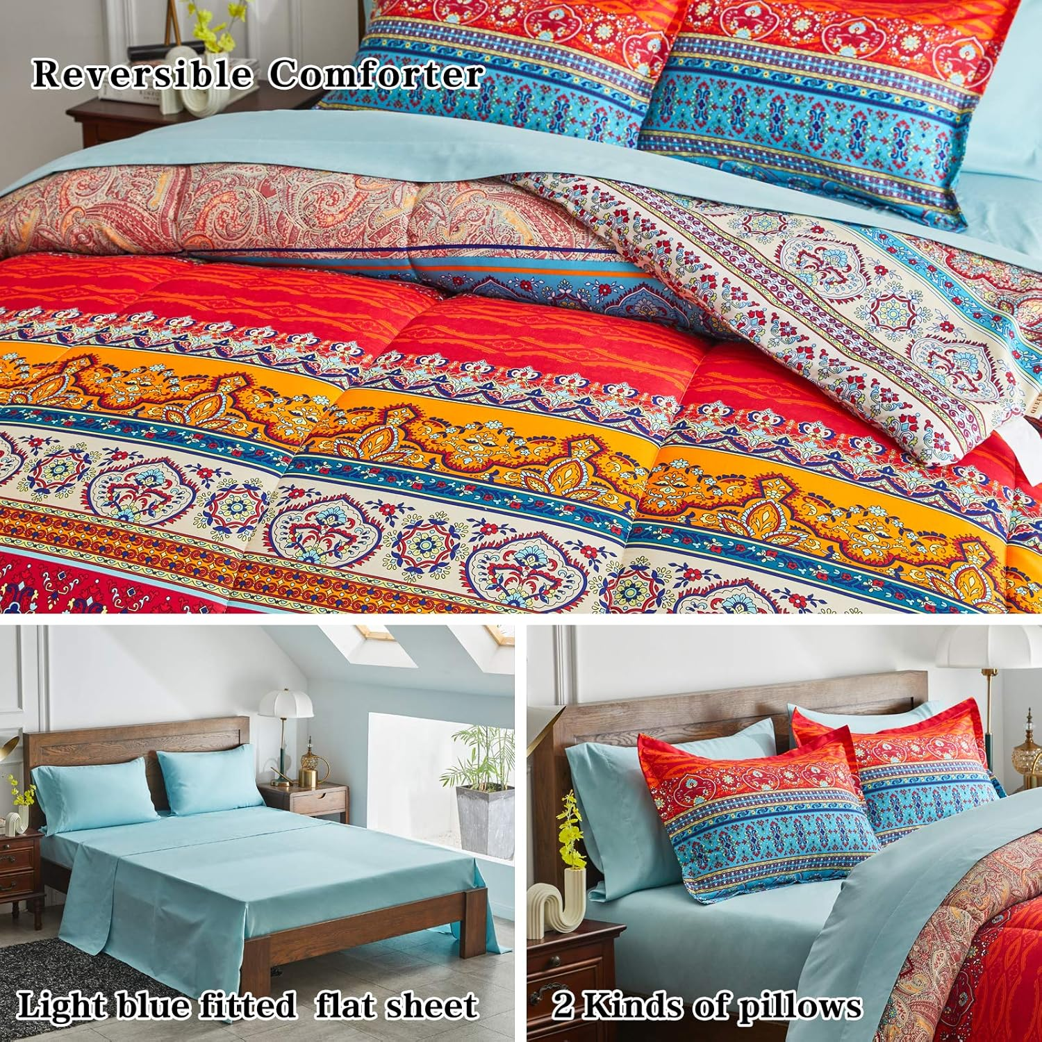 Flysheep Boho Striped Bed in a Bag 7 Pieces Queen Size, Colorful Bohemian Tribal Teal Blue Red Reversible Comforter Bed Set (1 Comforter, 1 Flat Sheet, 1 Fitted Sheet, 2 Pillow Shams, 2 Pillowcases) image number 5