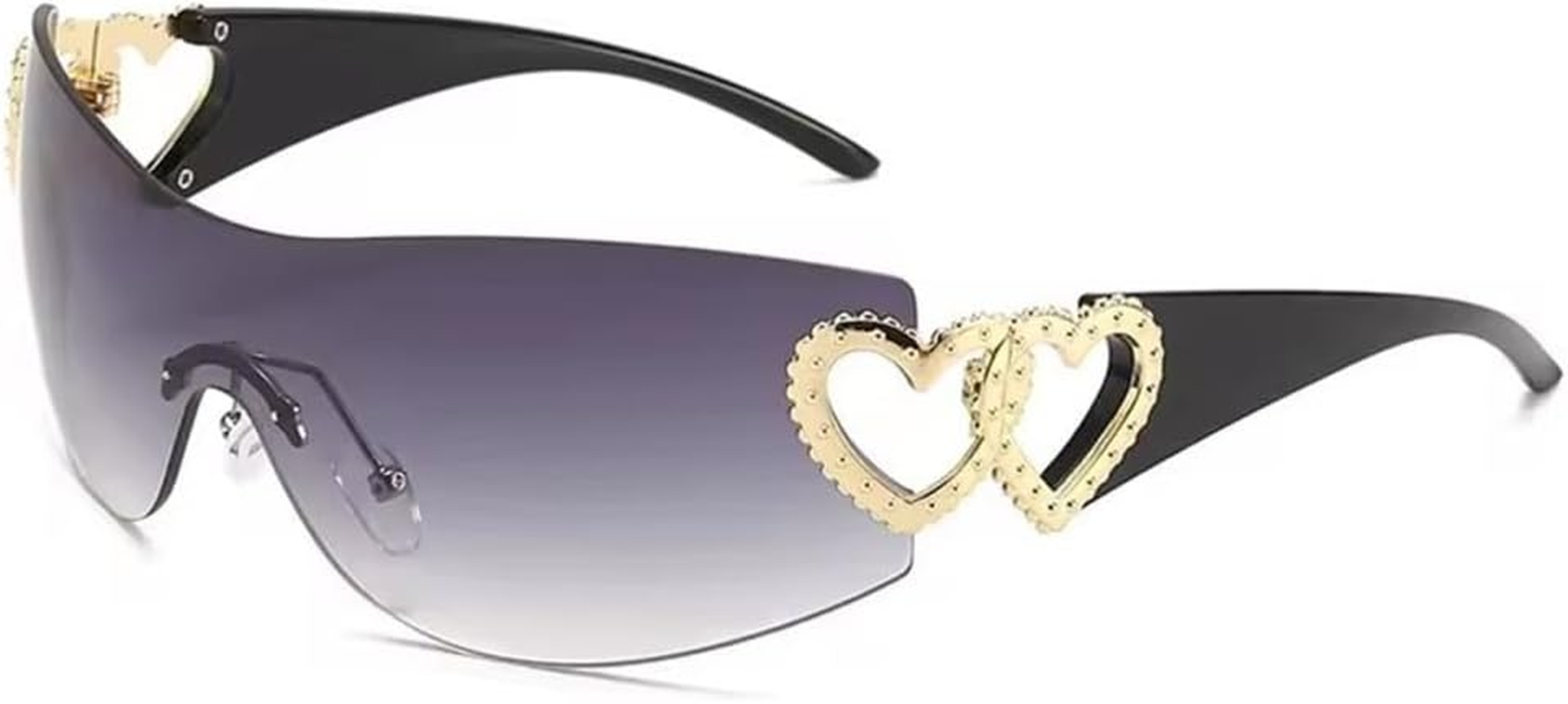 JRLLFD One-Piece Sunglasses Rimless Glassess with Double Love Heart-Shaped Pink Gradient Wrap around Sun Glasses