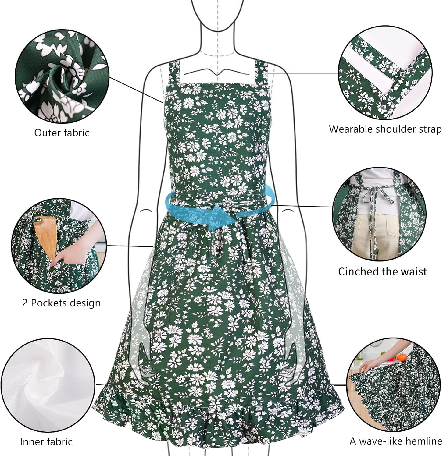Vintage Pinafore Apron Dress for Women with Pockets Cute Floral Chef Aprons for Kitchen Cooking Baking Gardening image number 6