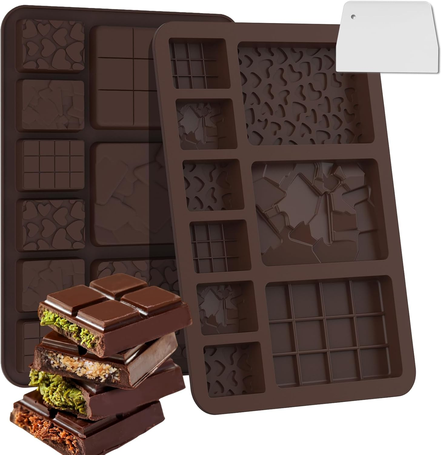 Bighan 2 Pack Chocolate Molds, Chocolate Bar Molds Milk Chocolate Bar Silicone Chocolate Mold Food Grade Silicone Chocolate Bar Mold Kitchen Baking 6 * 10 Mould and Scraper image number 3