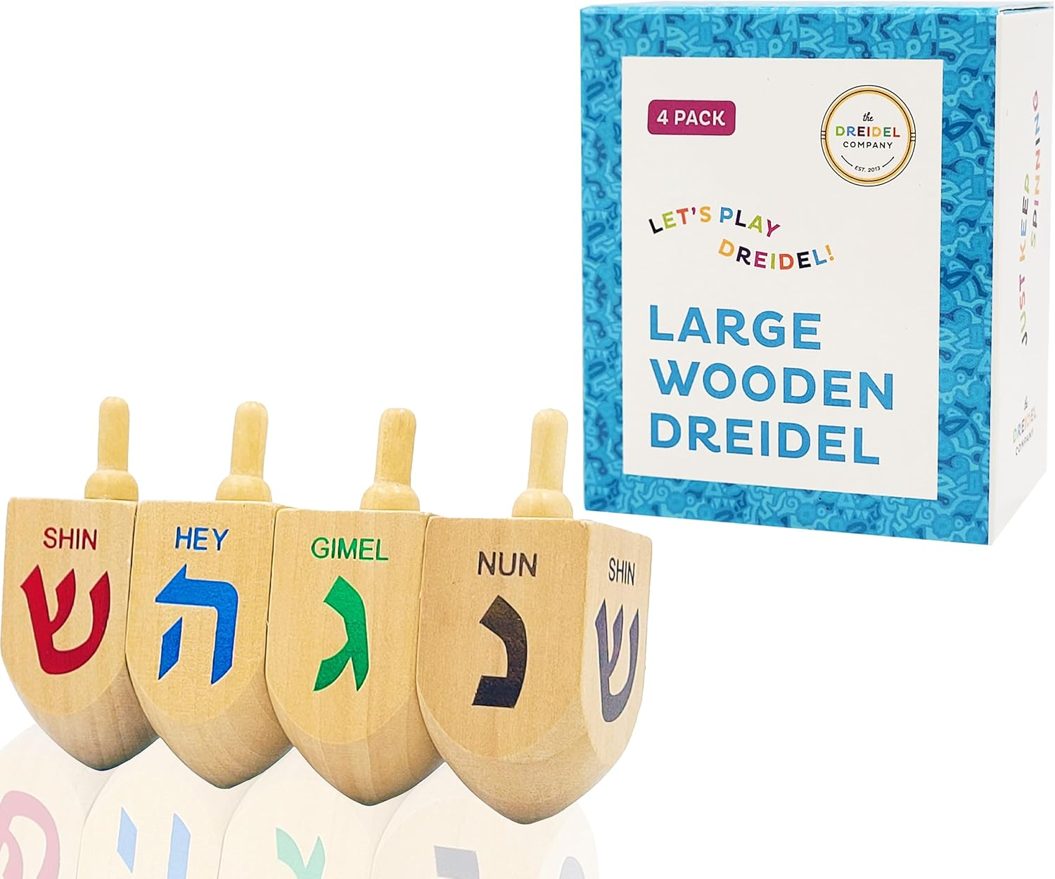 Hanukkah Dreidel Extra Large Wooden Dreidels Hand Painted - Includes Game Instruction Cards! (4-Pack XL Dreidels) image number 6
