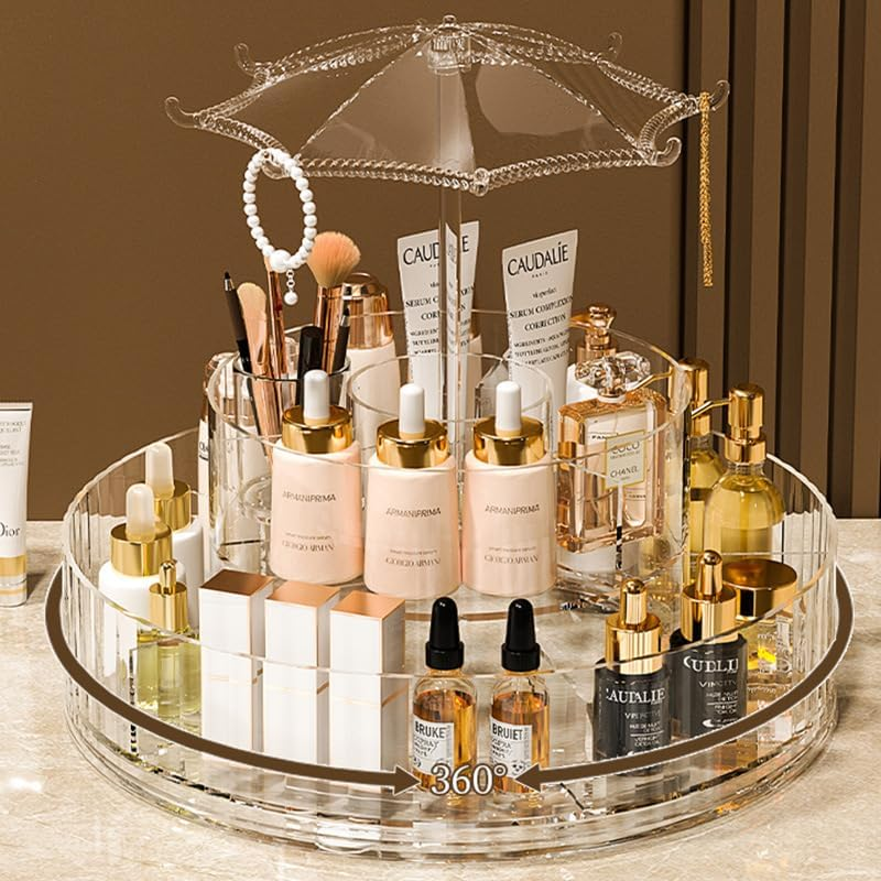 360&deg; Rotating Cosmetic Organiser, Clear Acrylic Makeup Storage Display with Umbrella Top, Beauty Products Stand