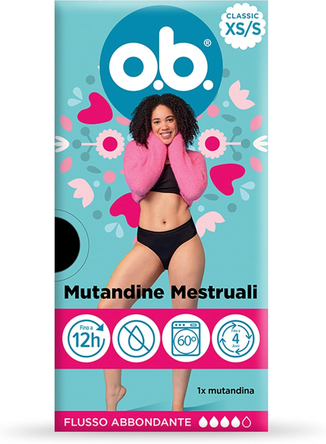 O.B. Menstrual Underwear Classic XS/S, Absorbent Panties for Medium and Strong Flow, Wearable up to 12 Hours, Washable and Reusable Menstrual Cycle Underwear for Women, 1