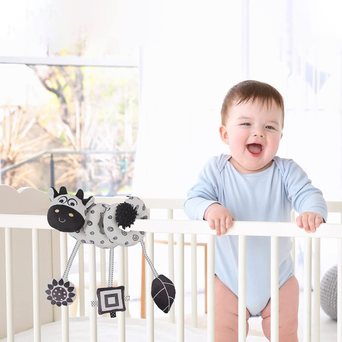 Baby Hanging Stroller Toy, Animal Spiral Plush Circle Activity Car Seat Travel Toys, Black and White Squeak Early Educational Toy for Newborn Boys or Girls image number 2