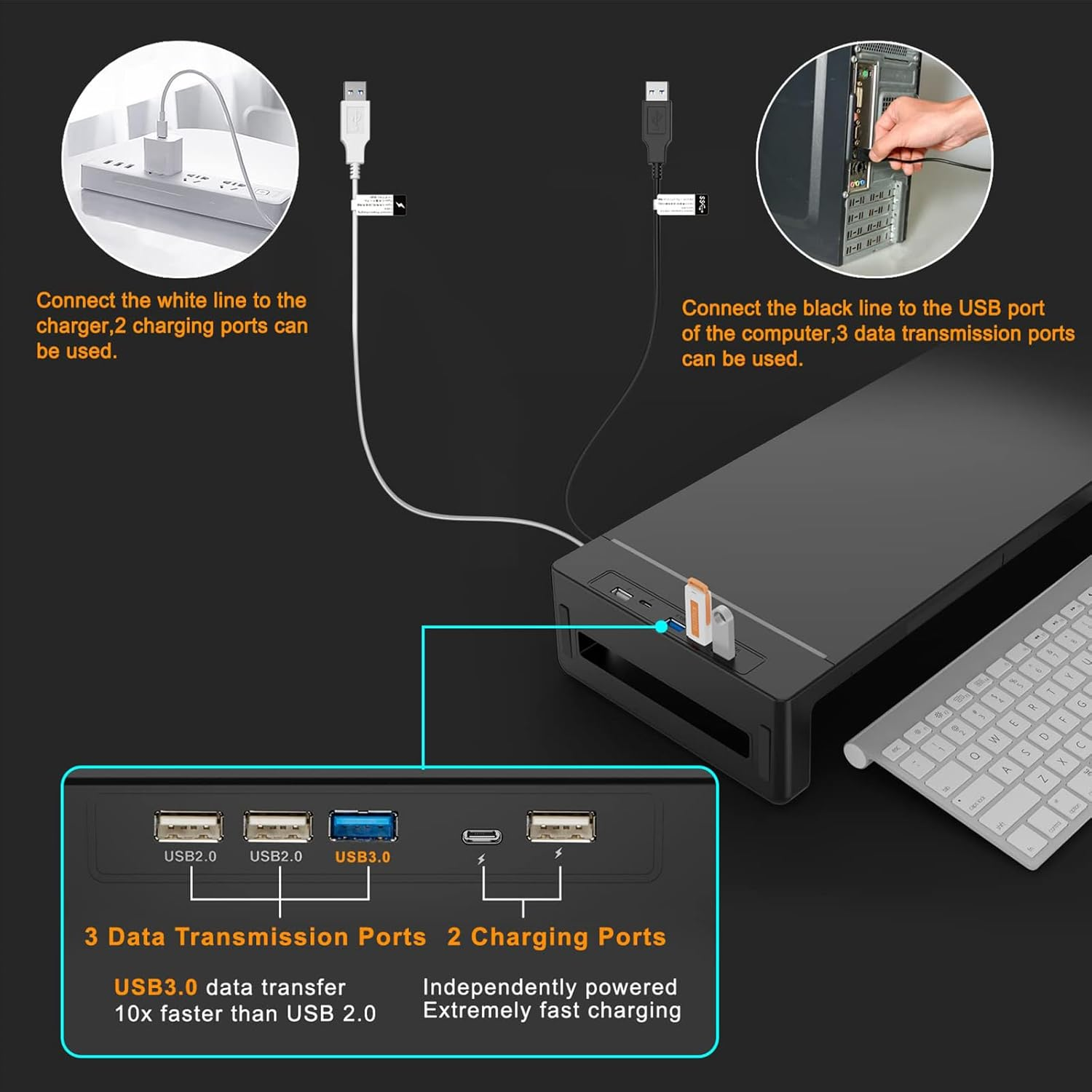 Veylenix Monitor Stand with USB 3.0 and Charging Prot, Foldable Computer Monitor Riser for Desk, Laptop with Storage Drawer and Tablet Phone Hold, Black image number 1