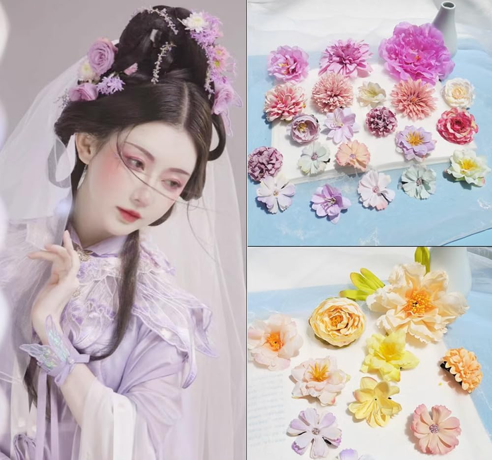 12 Pieces Multicoloured Bohemian Flower Hair Clips Rose Hair Barrettes Artificial Hair Flower Clip Boho Bridal Claw Clip Hair Pin Hair Accessories for Girls and Women image number 3