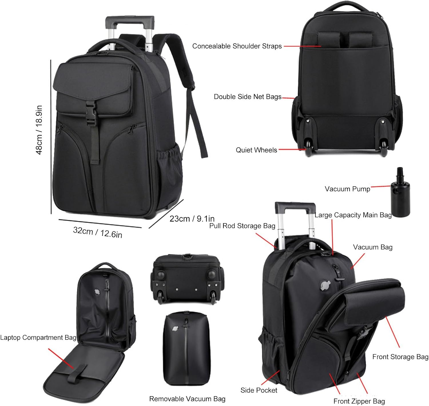 Travel Vacuum Backpack with Pump, Trolley Backpack with Wheels, Vacuum Compression Travel Backpack, 30L Large Capacity Rolling Trolley Shoulder Bag for Travel Business Trip image number 2