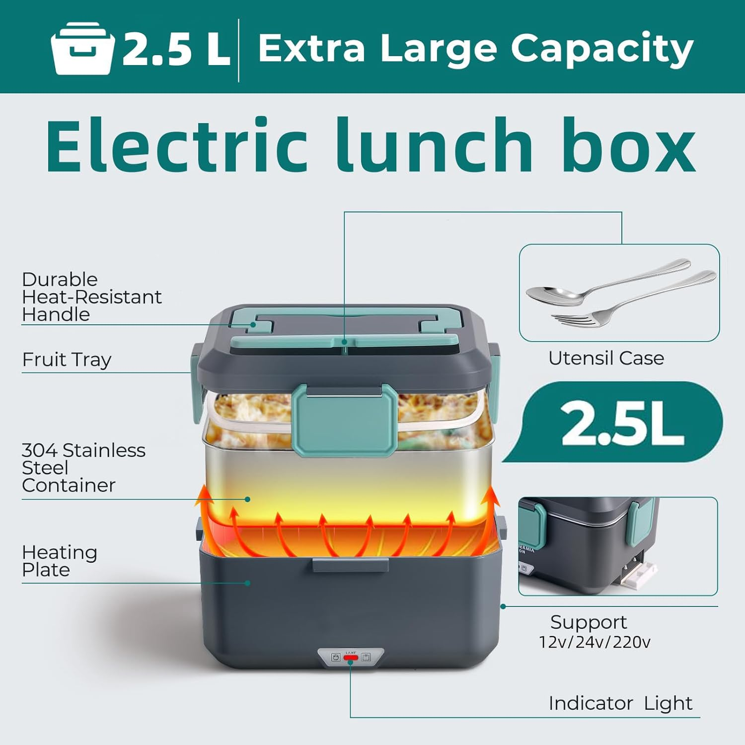 TOJUNE Electric Heating Lunch Box, Food Warmer, 90 W, 2 in 1 Portable Bento for Car, Home, Office, School, Leak Proof with 2.5 L 304 Stainless Steel Container & Spoon, AU Socket 220V 12V 24V (Blue) image number 1