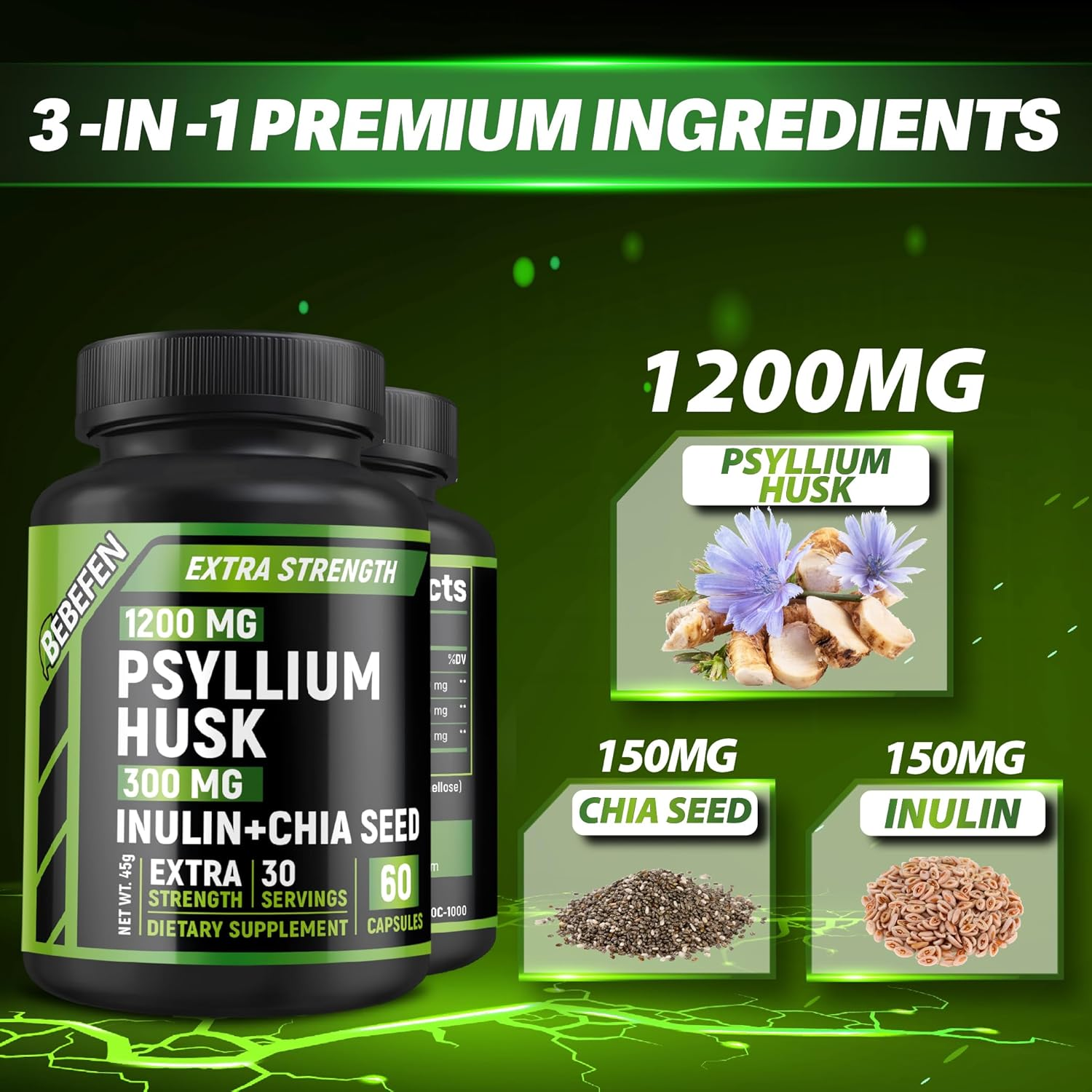 Psyllium Husk Fiber Supplement, 1,500Mg per Serving | with Inulin & Chia Seed | Plant-Based, Non-Gmo, Gluten-Free (60 Capsules)