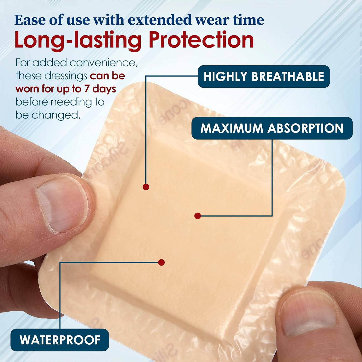 Medca Silicone Foam Dressing W/Adhesive Border 4"X4" (Pack of 10) Waterproof Silicone Bandages for Wounds, Highly-Absorbent Wound Dressing Bandage Care for Bed Sore Bandages, Pressure Sores, Ulcers image number 4