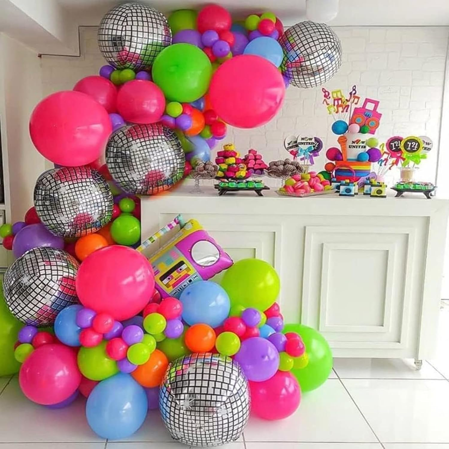 PEKGLOW 90S Balloon Garland 90S Party Decorations 119 Pcs 80S 90S Balloon Garland Radio Balloon Pink Green Purple Blue Orange Balloons Disco Balloons for 90S Birthday Decorations 80S Party Decorations image number 1