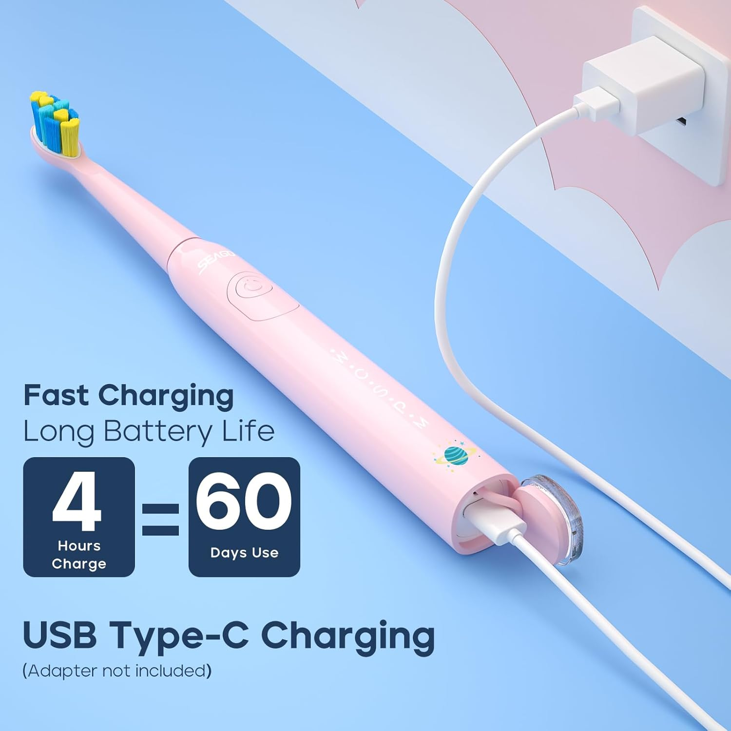 SEAGO Kids Electric Toothbrush, Rechargeable Sonic Soft Bristle with 8 Brush Heads, for Kids and Children, Ages 3-12 (Pink, Normal) - Navy image number 6