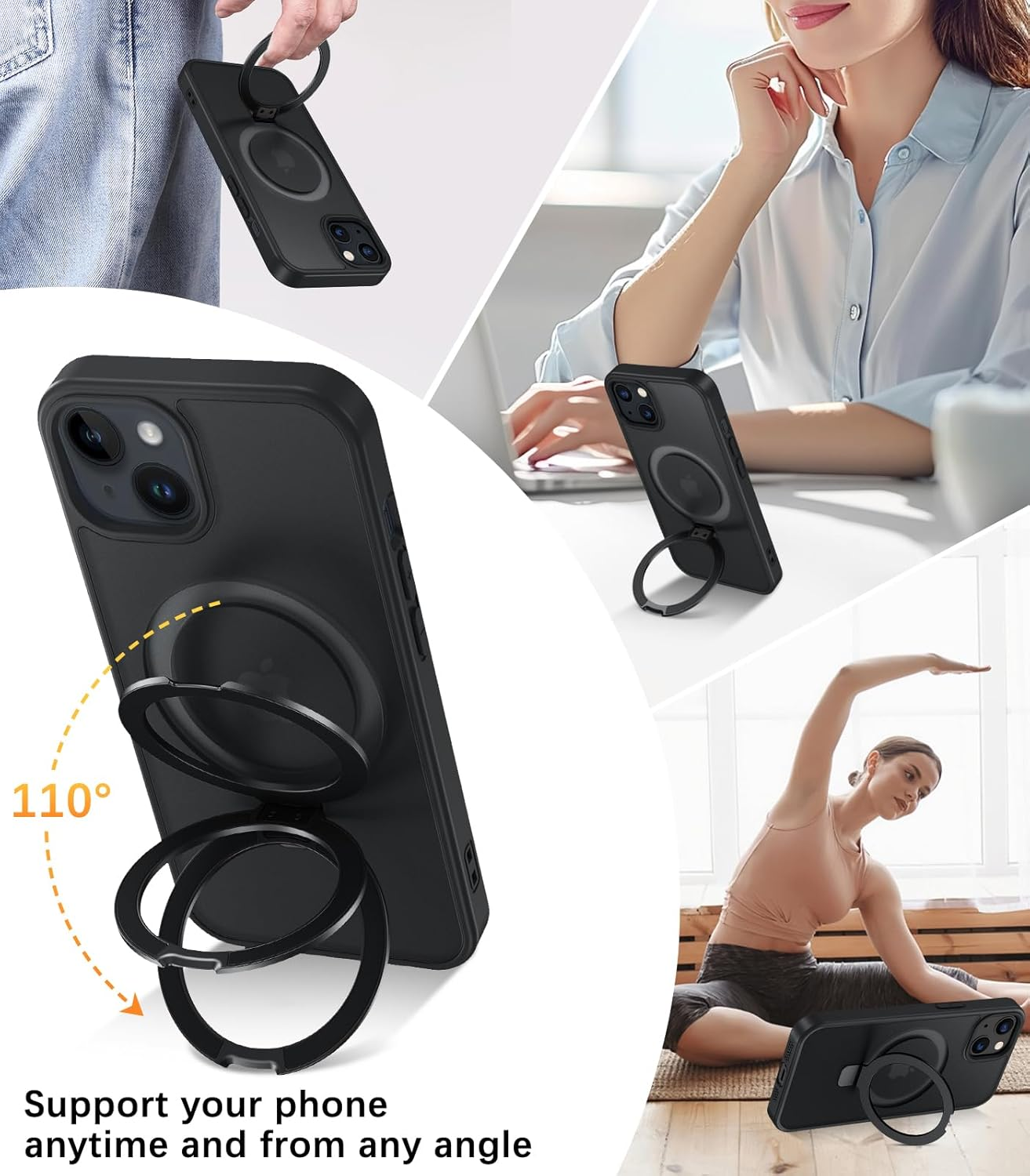 Telaso Case for Iphone 13/14, Magnetic Translucent with Built-In Stash Stand Cover Compatible with Magsafe Shockproof Protective Phone Case with Hard Back TPU Cover for Iphone 13/14, Black image number 4