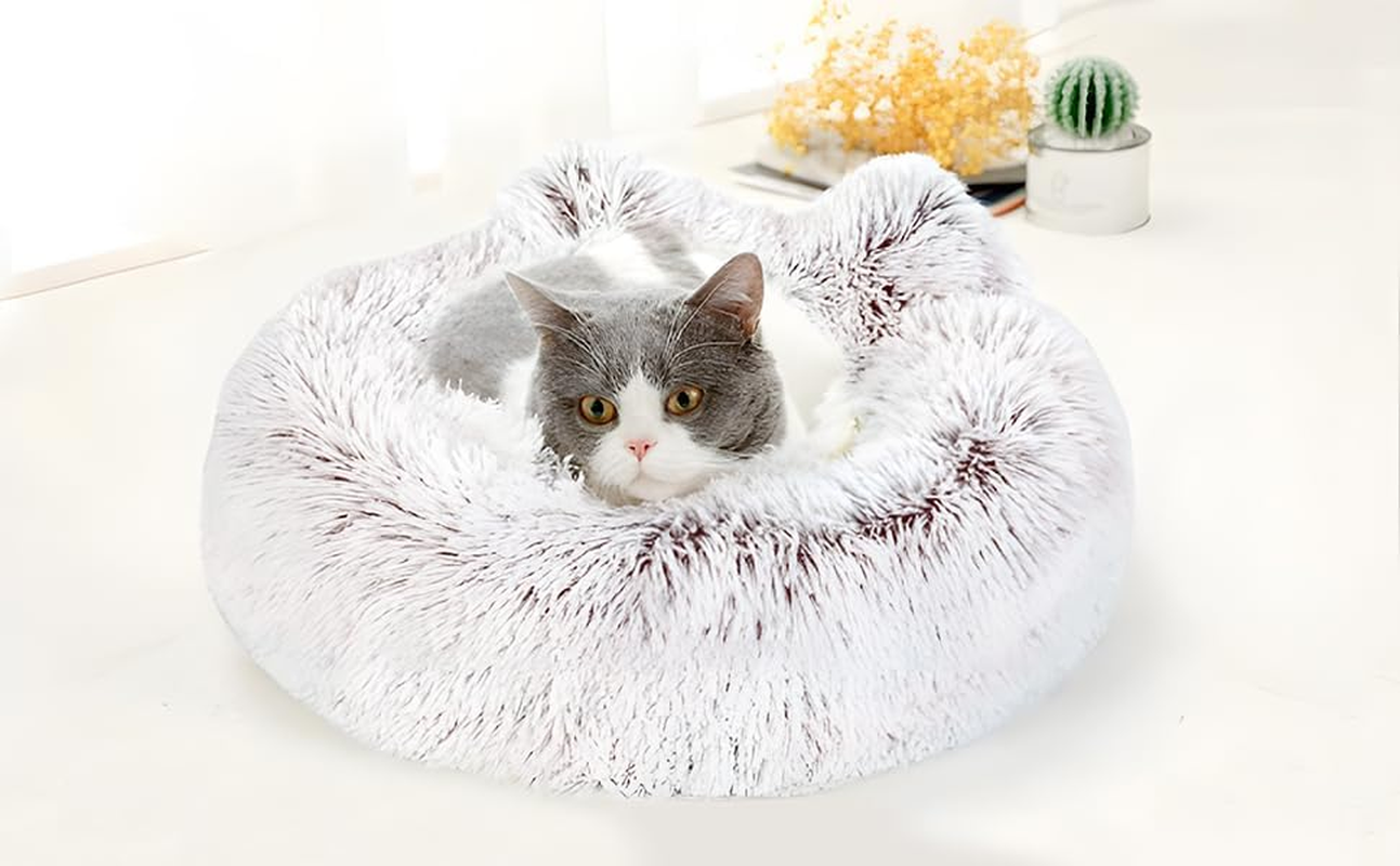 Cat Bed round Soft Plush Burrowing Cave Hooded Cat Bed Donut for Dogs & Cats, Faux Fur Cuddler round Comfortable Self Warming Pet Bed image number 5