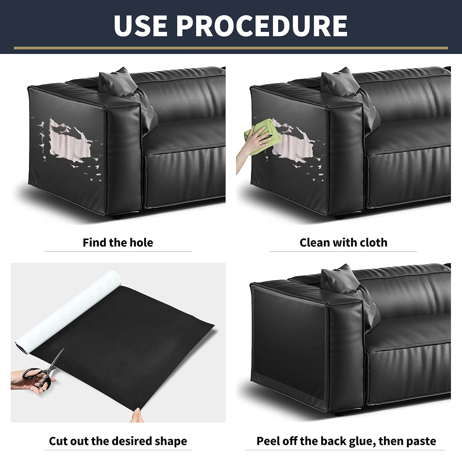 Leather Repair Patch，Leather Repair Tape, 12 X 48 Inches Leather Repair Patch for Furniture,Vinyl Repair Kit，Leather Couch Patch，For Sofas, Furniture, Car Seats, Office Chairs(Black) image number 6