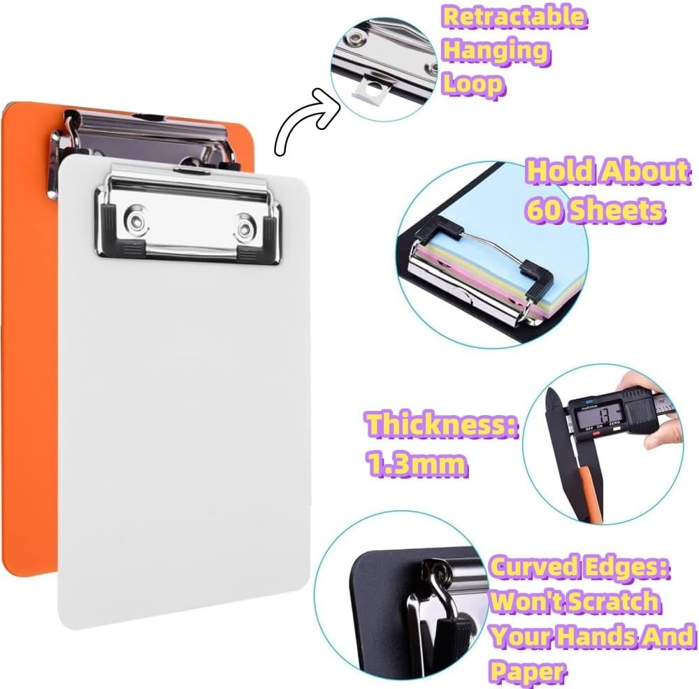 HIDOSNG 4 Pack Durable A5 Assorted Coloured Plastic Clipboard Heavy Duty Clip Boards Paper Holder Writing Memo Folders