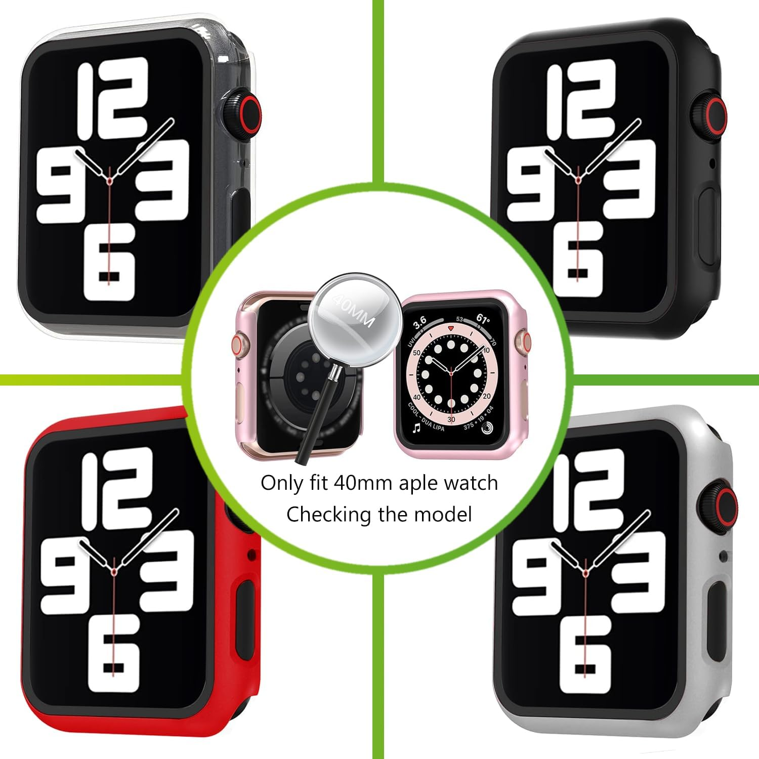 RINGSUN 6-Pack Screen Protector Case Compatible with Apple Watch 40Mm Series 6 5 4 SE & SE 2Nd Gen, Slim Case Bumper with Built-In Tempered Glass Film (Black X2, Silver, Clear, Rose Gold, Red)