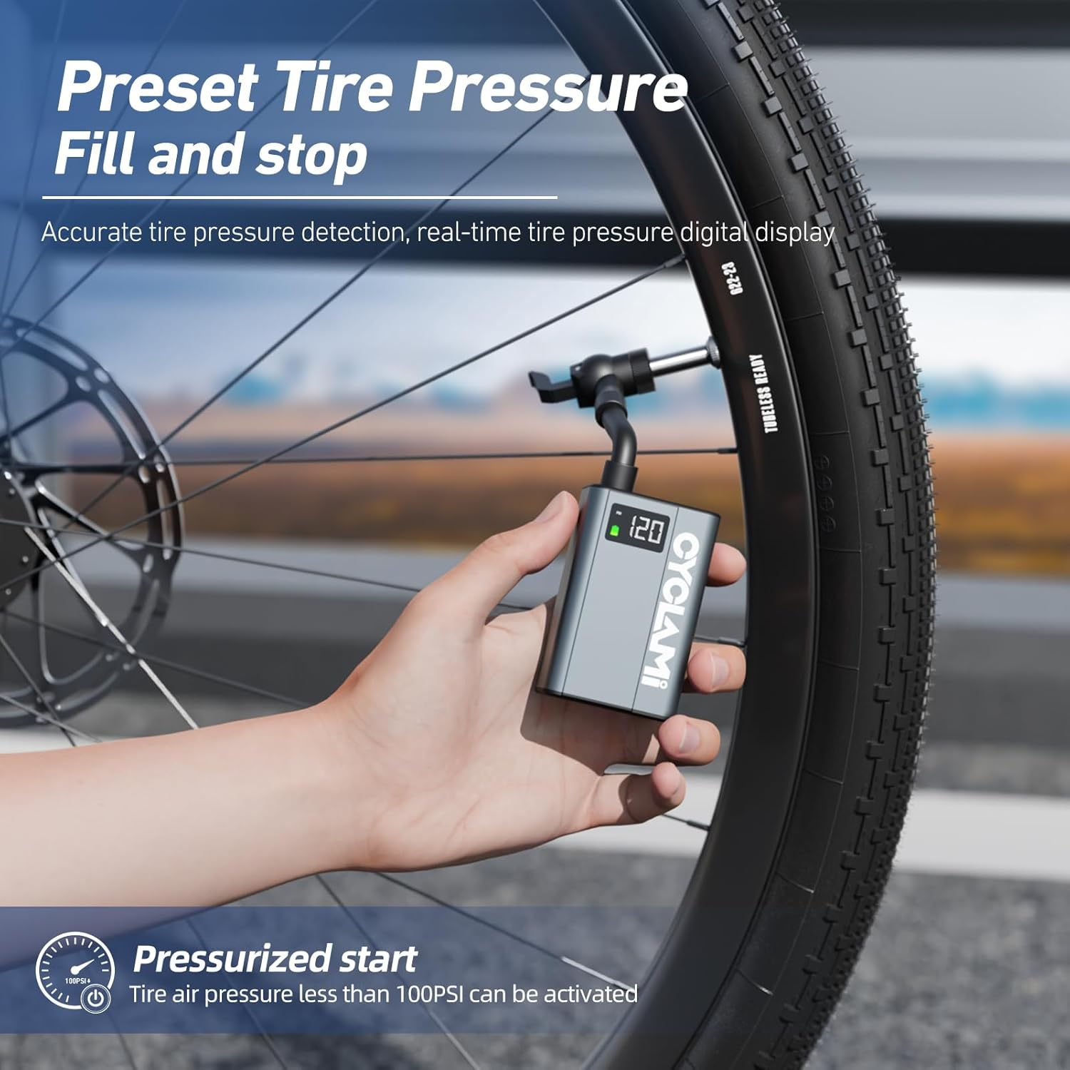 CYCLAMI Electric Bike Pump Mini 120Psi,Portable Ultra-Mini 750Ma,Type-C Rechargeable Electric Bicycle Air Pump,Led Screen Displays Tire Pressure image number 6