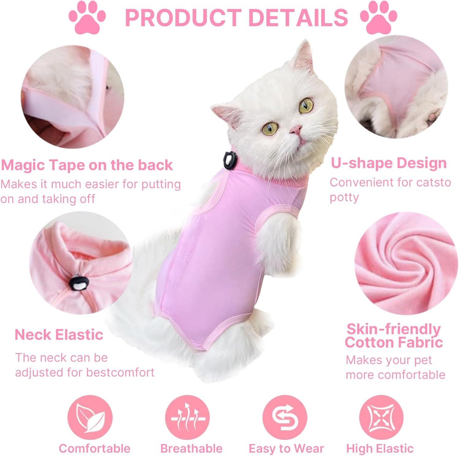 Velmoriah Cat Recovery Suit, Breathable Cat Onesie after Surgery Female for Abdominal Wounds or Skin Diseases, Kitten Surgery Recovery Suit for Cats anti Licking (Pink, S) image number 4