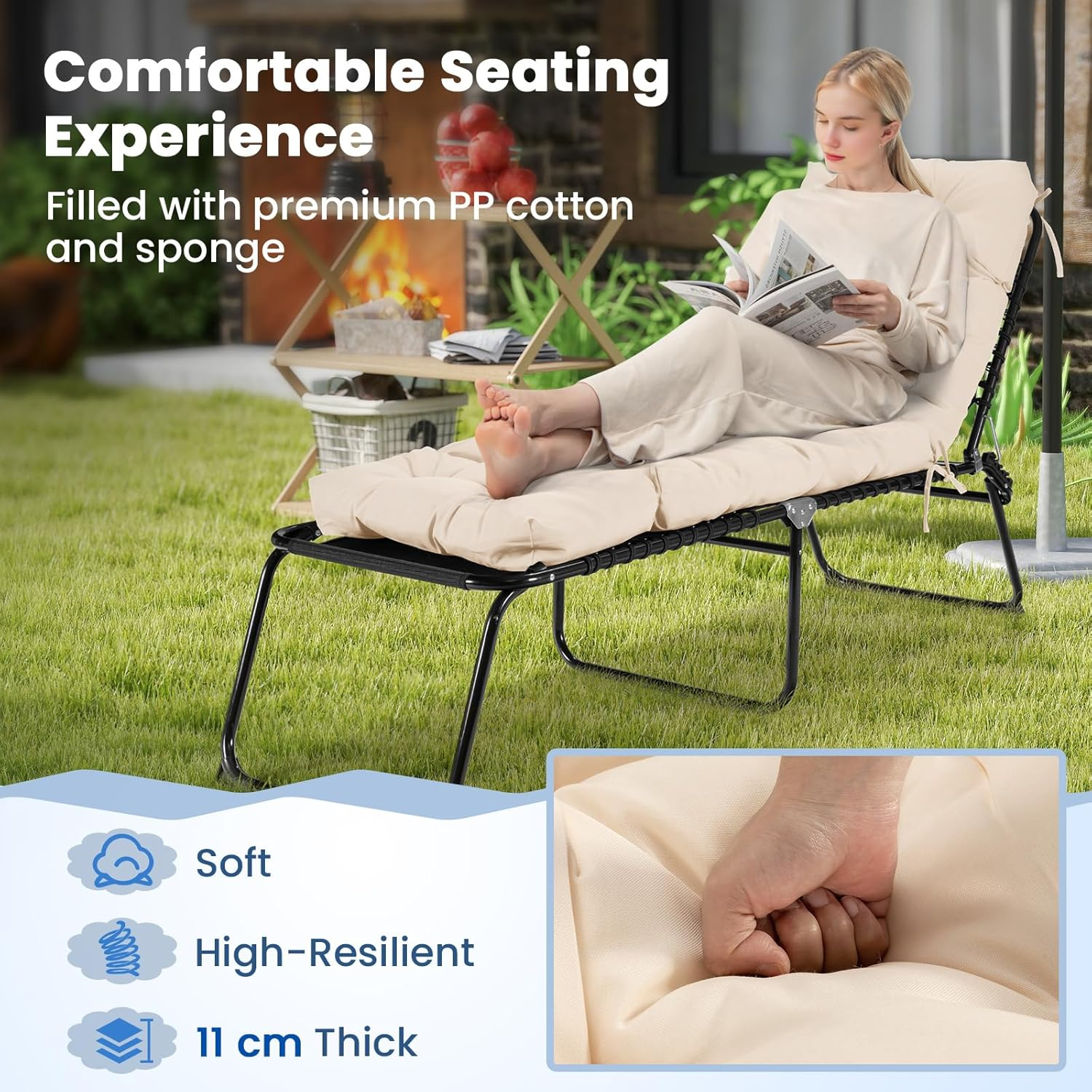 Costway Sunlounger Chair Cushion, High Back Recliner Cushion with 4 Fixing Ties, Thick Padded Reclining Chair Rocking Cushion for Outdoor Indoor (Only Cushion) (1, Beige, 186 X 56 X 11 Cm) image number 1