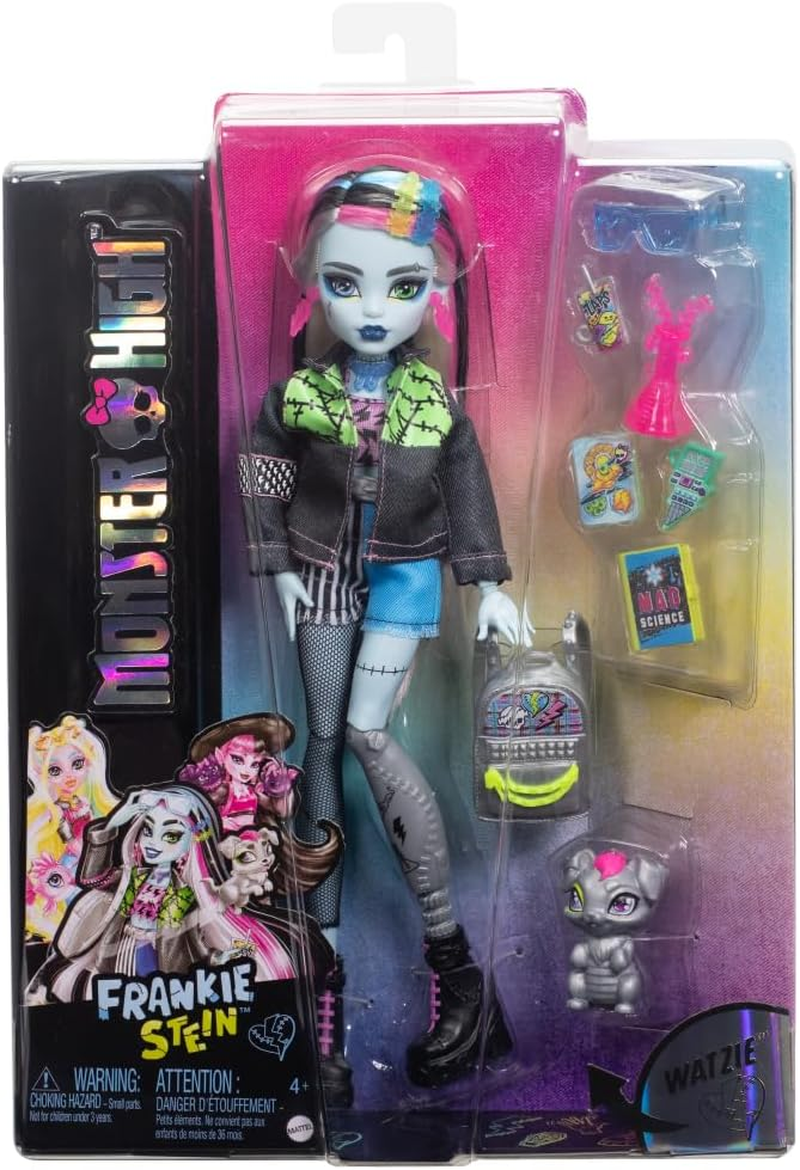 Monster High Frankie Stein Doll in Denim Jacket and Shorts, Includes Pet Dog Watzie and Accessories like a Backpack, Snack and Notebook image number 1