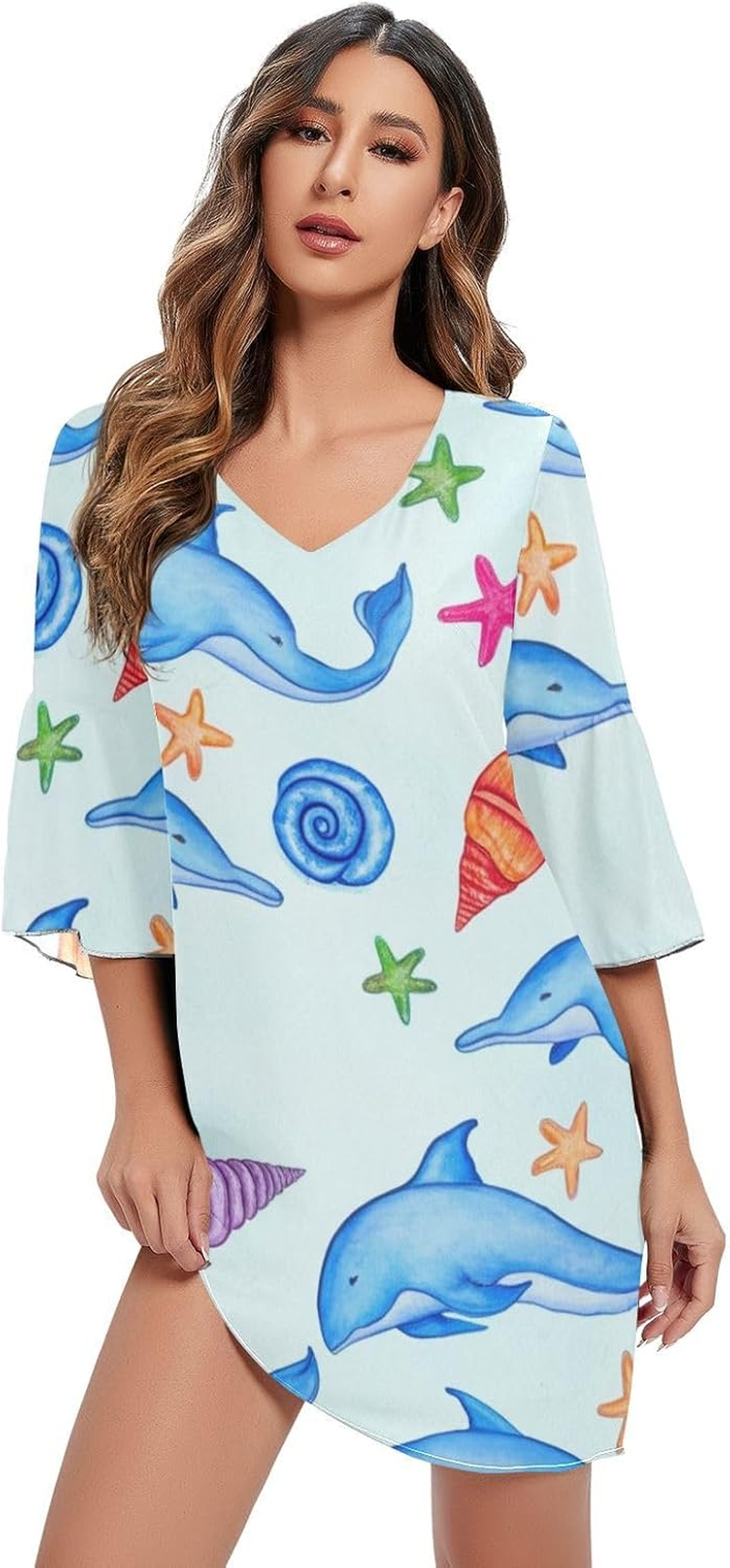 Cute Blue Dolphins V Line Dress Printed Line Maternity Dress S-XXL image number 1