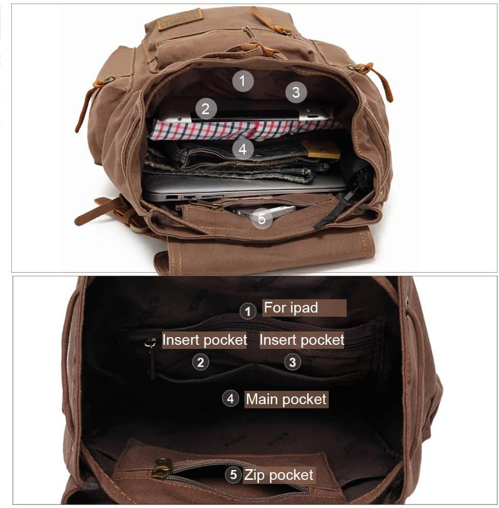 AUGUR Vintage Canvas Leather Backpack Large Laptop Rucksack Bookbag Satchel Hiking Bag image number 4