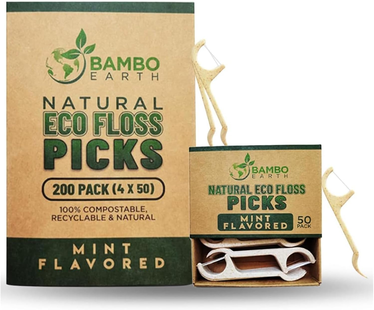 Natural Dental Floss Picks - Eco Friendly Cruelty Free & Vegan Tooth Flossers Pick Set with BPA Free Handle & Zero Waste Packaging - 200 Pack (Mint Flavored) image number 6