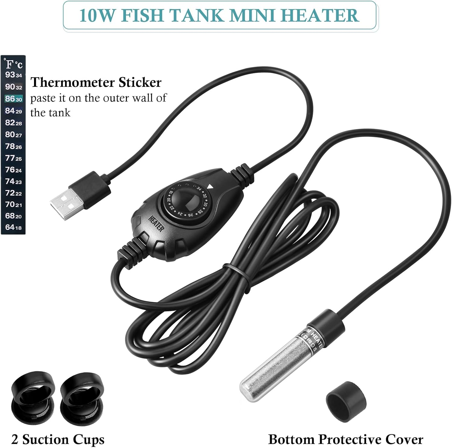 PYPABL 10W Super Mini USB Aquarium Heater, Small Adjustable Heater for Small Fish Tank 1-10L, with External Controller, Betta Heater for Fish Bowls image number 2