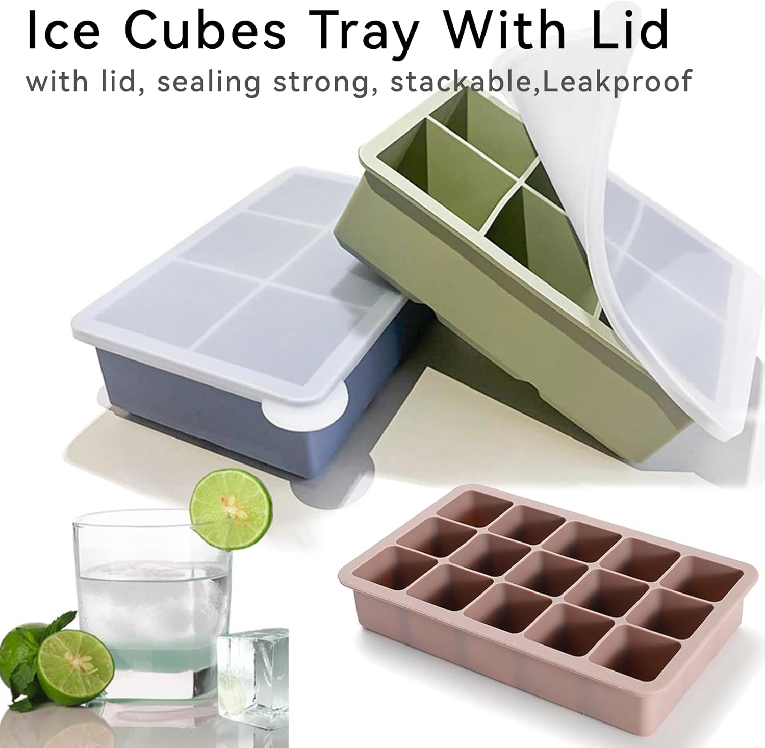 Silicone Ice Cube Tray,3 Pack Large Size Ice Cube Molds with Leak Proof Lid,Big Square Ice Cube Maker and BPA Free for Cocktail,Whiskey, Stackable, Flexible Ice