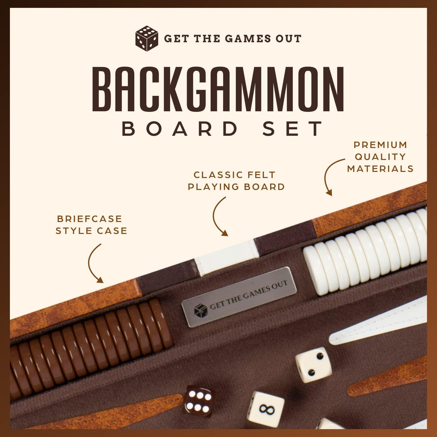 Get the Games Out Top Backgammon Set - Classic Board Game Case - Best Strategy & Tip Guide - Available in Small, Medium and Large Sizes (Brown, Small) image number 1
