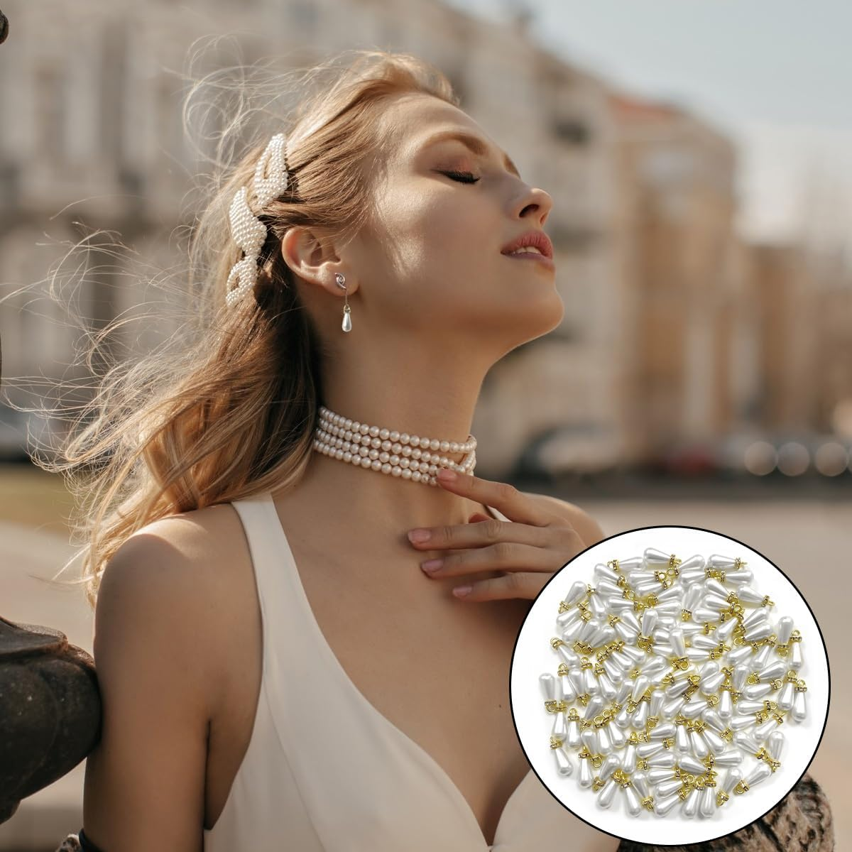 WELANE Drop Pearl Charms, 100 PCS Teardrop Shaped Pearl Pendant with Golden Edge and Rhinestones for Jewelry Making (8 X 15Mm)