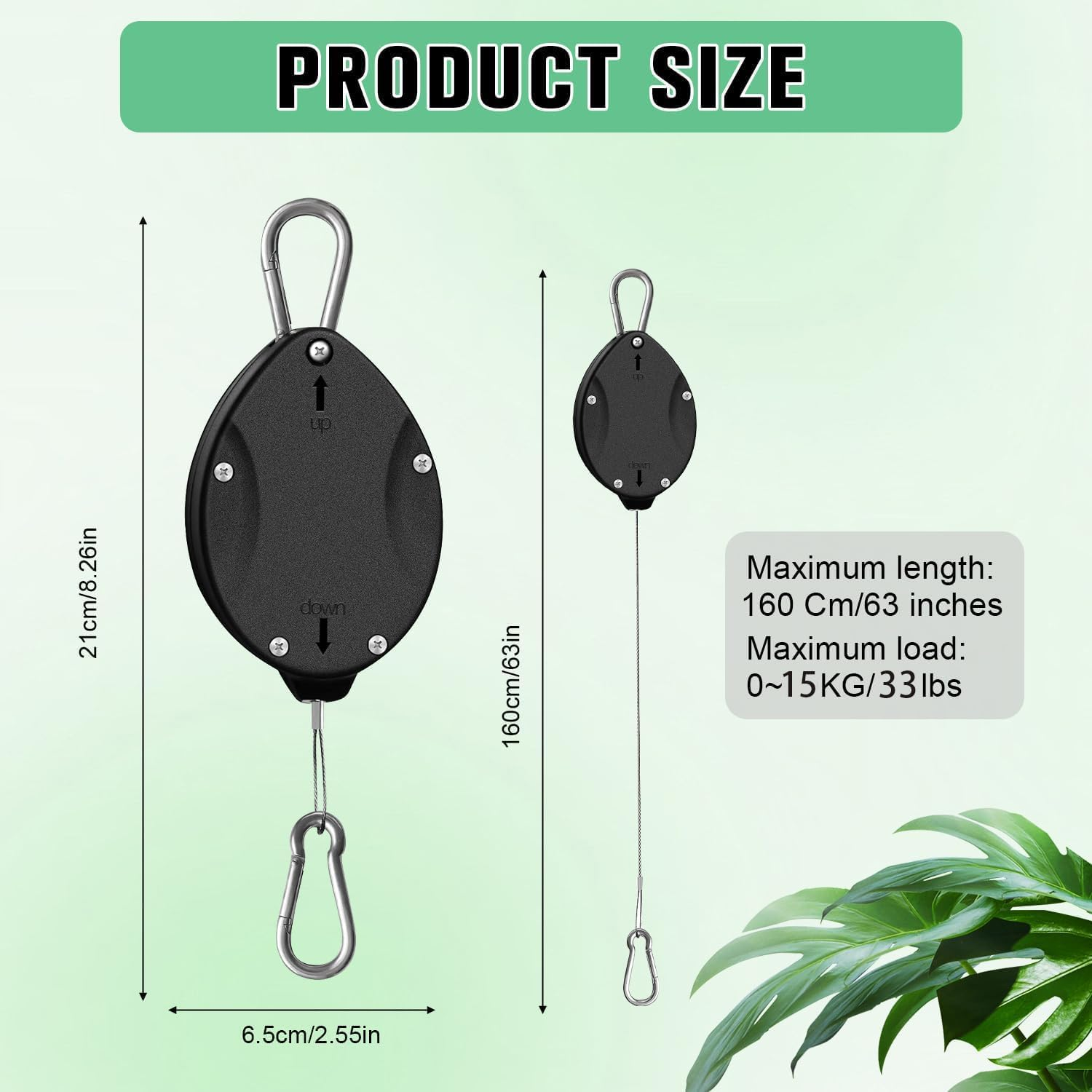 2PC (Black)Heavy Duty Retractable Hangers, Adjustable Climbing Hook for Garden Baskets Watering, or Bird Feeders,Stainless Steel Rope, Plant Pulleys for Hanging Plants, Auto Plant Holder,Plant Hanger