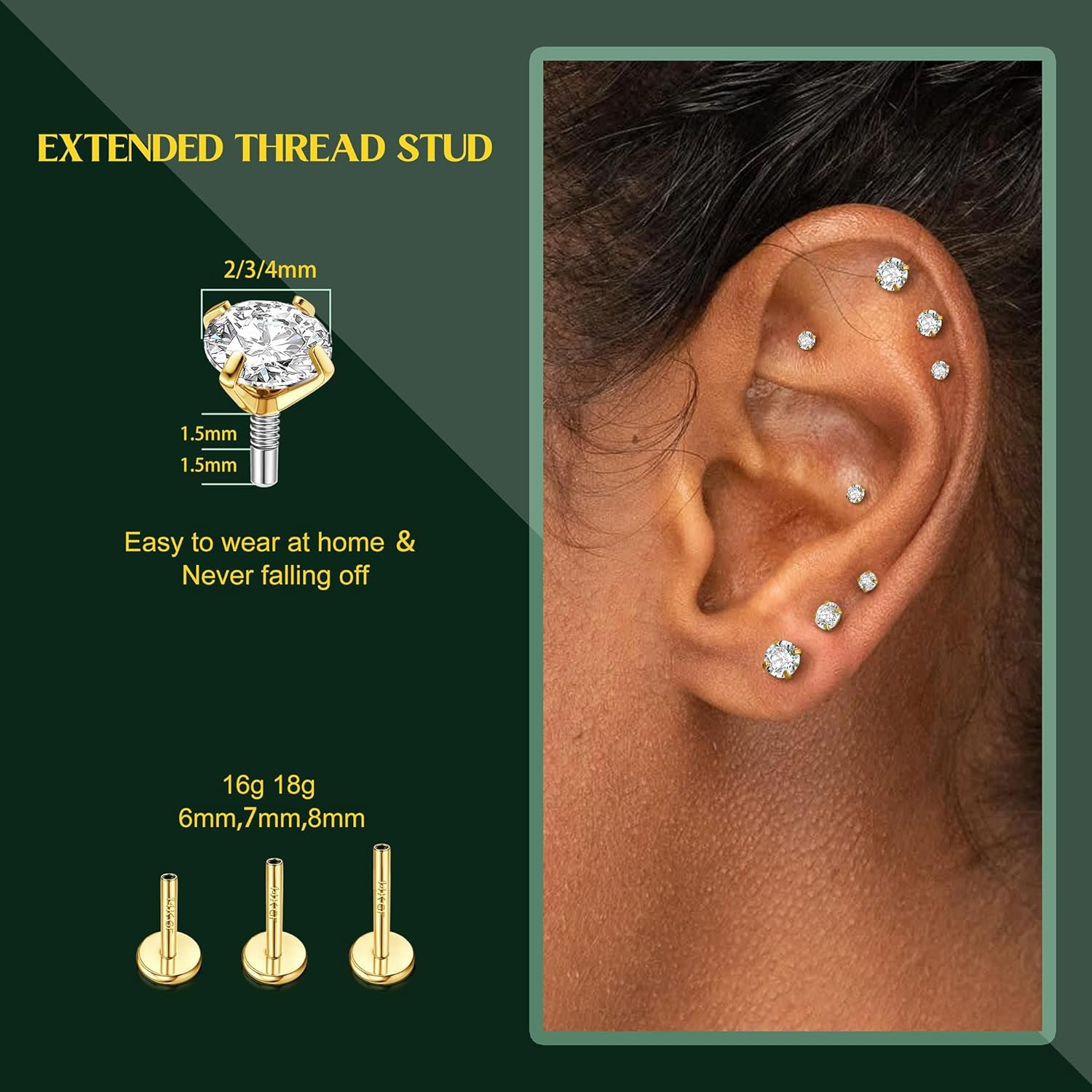 Kakonia Flat Back Earrings Studs - 14K Gold Filled Internal Thread 18G 16G Piercing Jewelry for Cartilage Helix Tragus Hypoallergenic Labret Lip Conch Nose 316L Stainless Steel Stud for Women Men image number 3