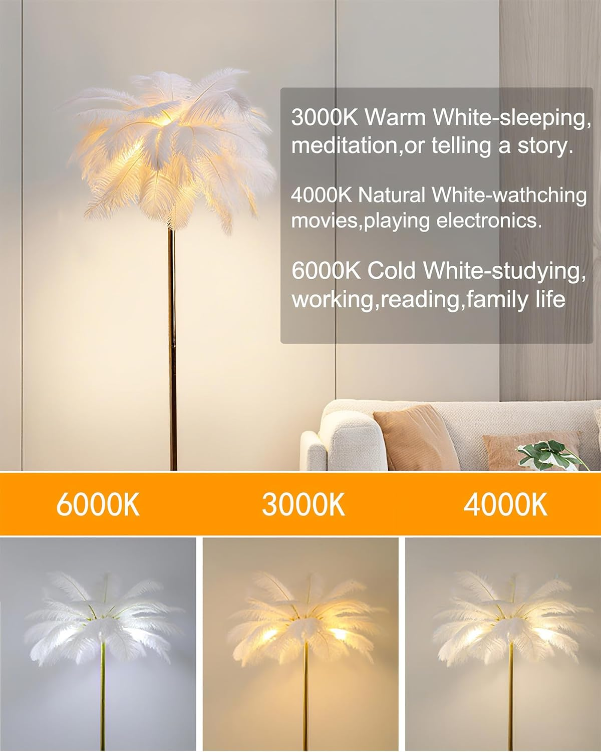 Feather Floor Lamp for Living Room, Fluffy Ostrich Feathers Lamp, Golden Color Body, 3 Color Temperatures Modern Funky Arc Tall Standing Lamp for Bedroom Inclued Bright LED Bulbs (White) image number 2