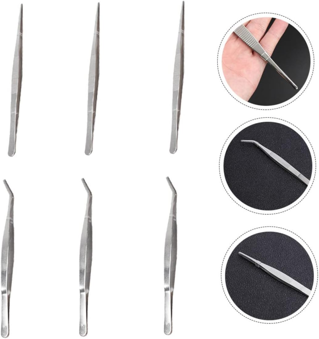 ARTIBETTER 6Pcs 304 Stainless Steel Tweezers Set for Gardening Succulent Bonsai Thickened Straight and Curved Tips, Sturdy Garden Hand Tools for Plant Care and Transplanting image number 3