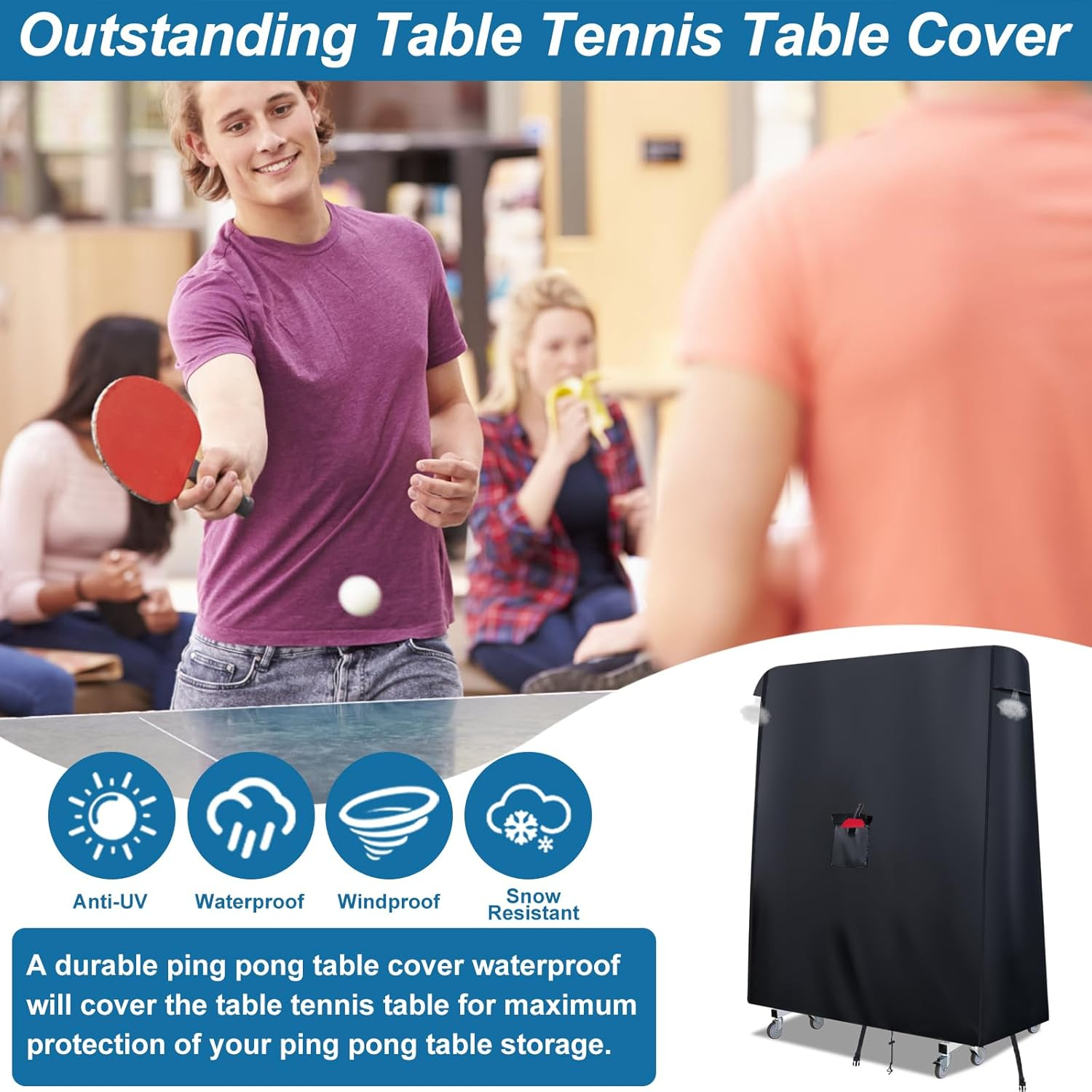 Folding Ping Pong Table Cover Outdoor Waterproof,420D Heavy Duty Foldable Table Tennis Table Cover with Paddle Pocket,2 Windproof Buckles,2 Air Vents,Universal Fits 9X5 FT Foldable Pingpong Tables image number 3