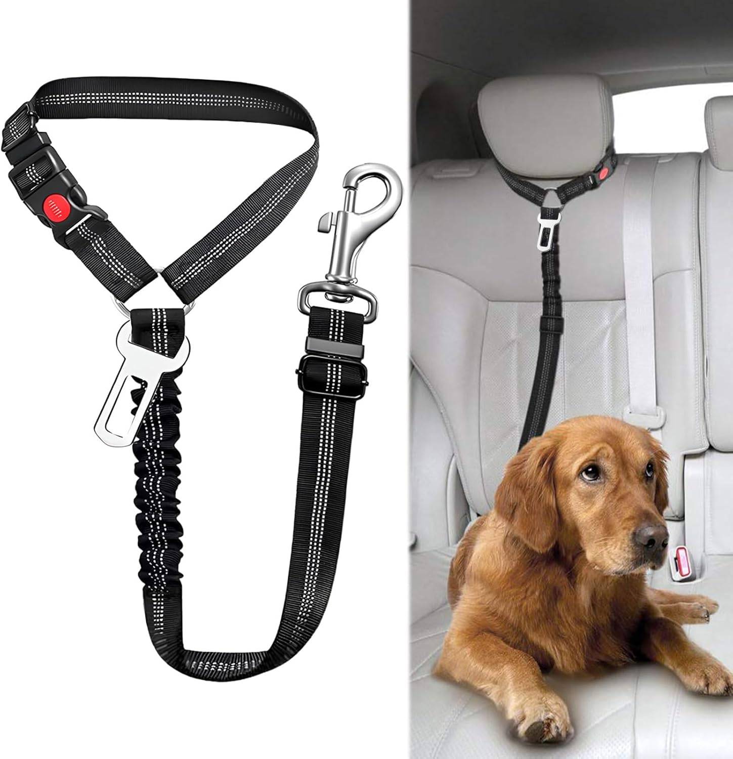 Dog Car Seat Belt, 1 Pcs Dog Seatbelt, 2 in 1 Dog Car Harness with Anti-Shock Restraints Clip, Adjustable Harness Belt with Anti-Shock Elastic Bungee Buffer for All Vehicles (Black) image number 4
