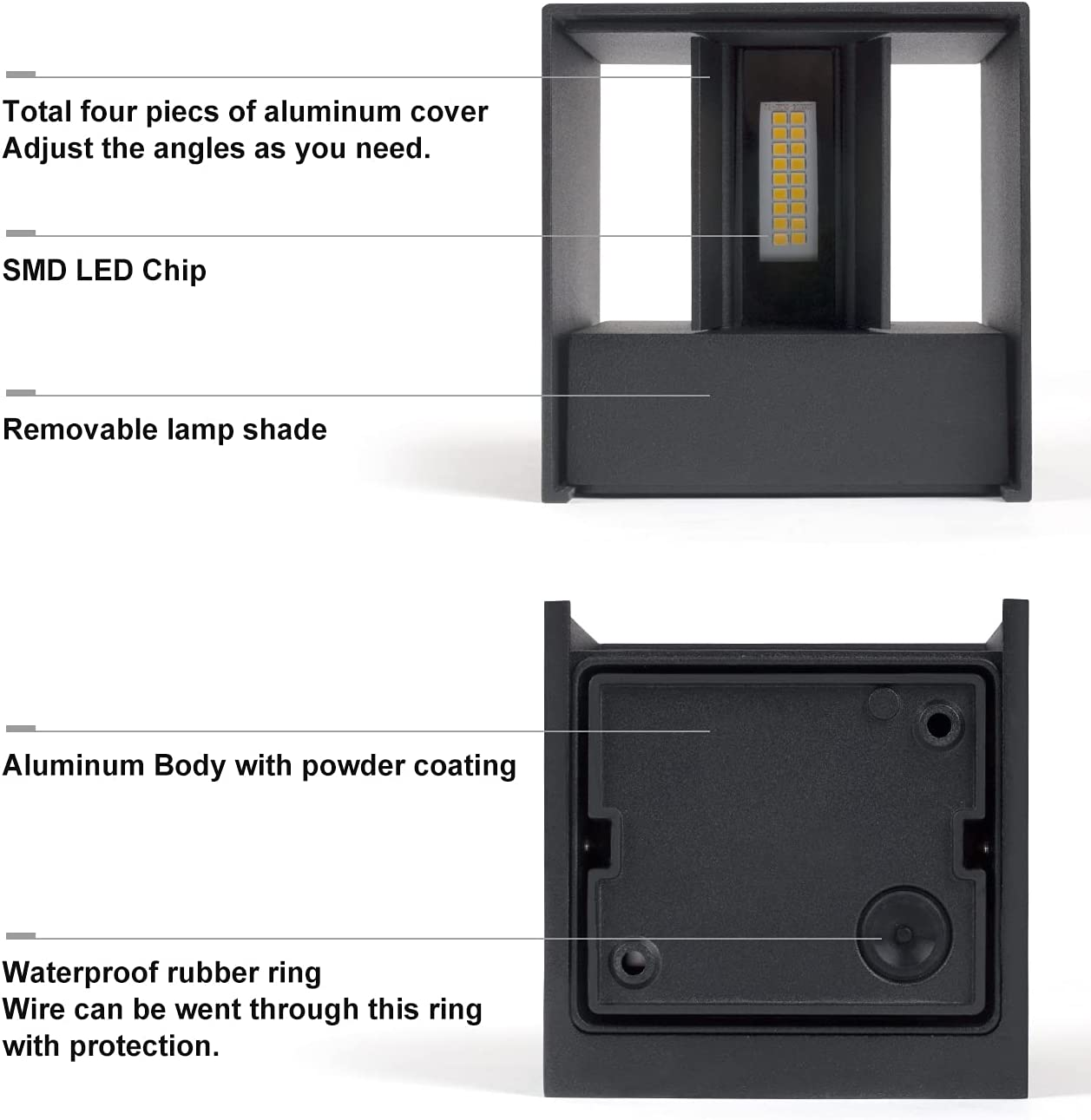 DAWALIGHT Outdoor Wall Lights 12W 3000K Warm White LED up and down Wall Light IP65 Waterproof Modern Square Adjustable Wall Sconce for Living Room Bedroom Garden Patio Outside, Aluminum, Black image number 1