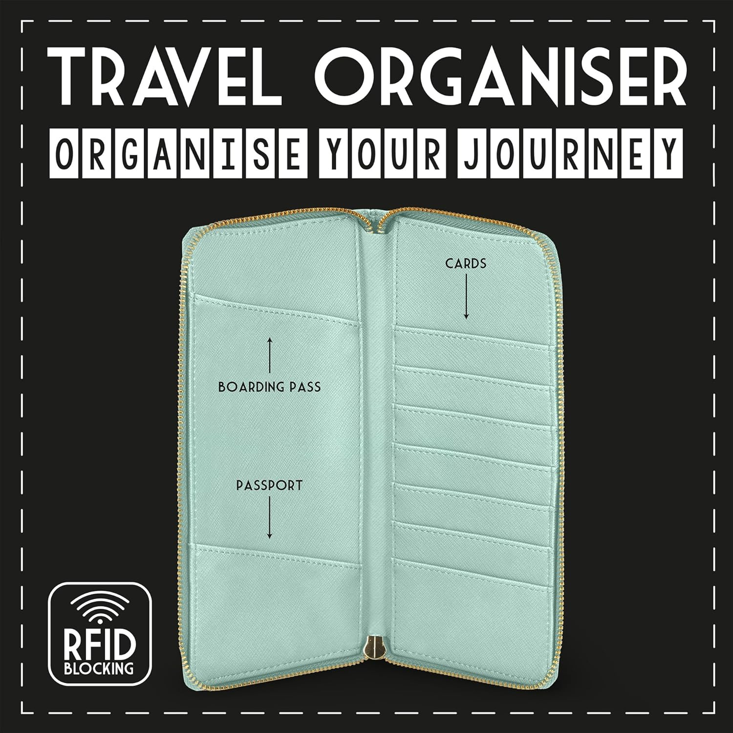 Legami - Travel Document Bag with Flowers, Passport Organiser, RFID Blocking, 4 Large Pockets, 7 Small Pockets, Zipper, 11 X 24 X 3 Cm, Floral Pattern, Turquoise, L, Casual, Turquoise, L, Casual image number 3