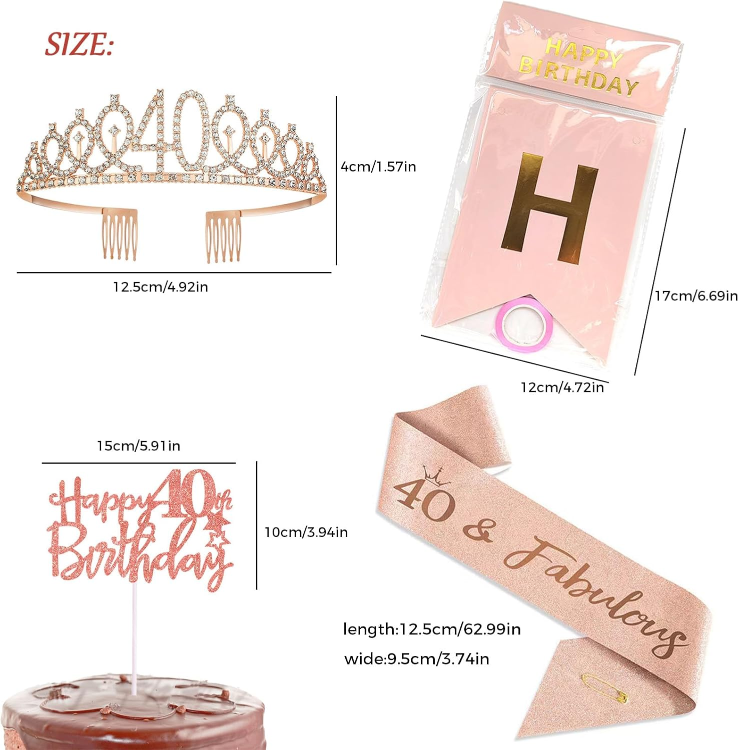 Happy 40Th Birthday Party Favor Supplies for Women,Rose Gold Tiara Birthday Sash and Happy Birthday Banner Cake Topper Elegant Decorations for Fabulous 40Th Celebration Exquisite(40Th)