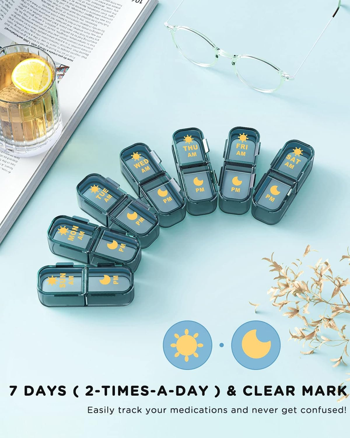 Acedada AM/PM Pill Organizer 7 Day, Pill Box 2 Times a Day - Weekly Pill Organizer Twice a Day with Large Compartment, Portable Daily Medicine Container Case for Vitamin, Fish Oils, Supplements, Blue - Clear,Green image number 4
