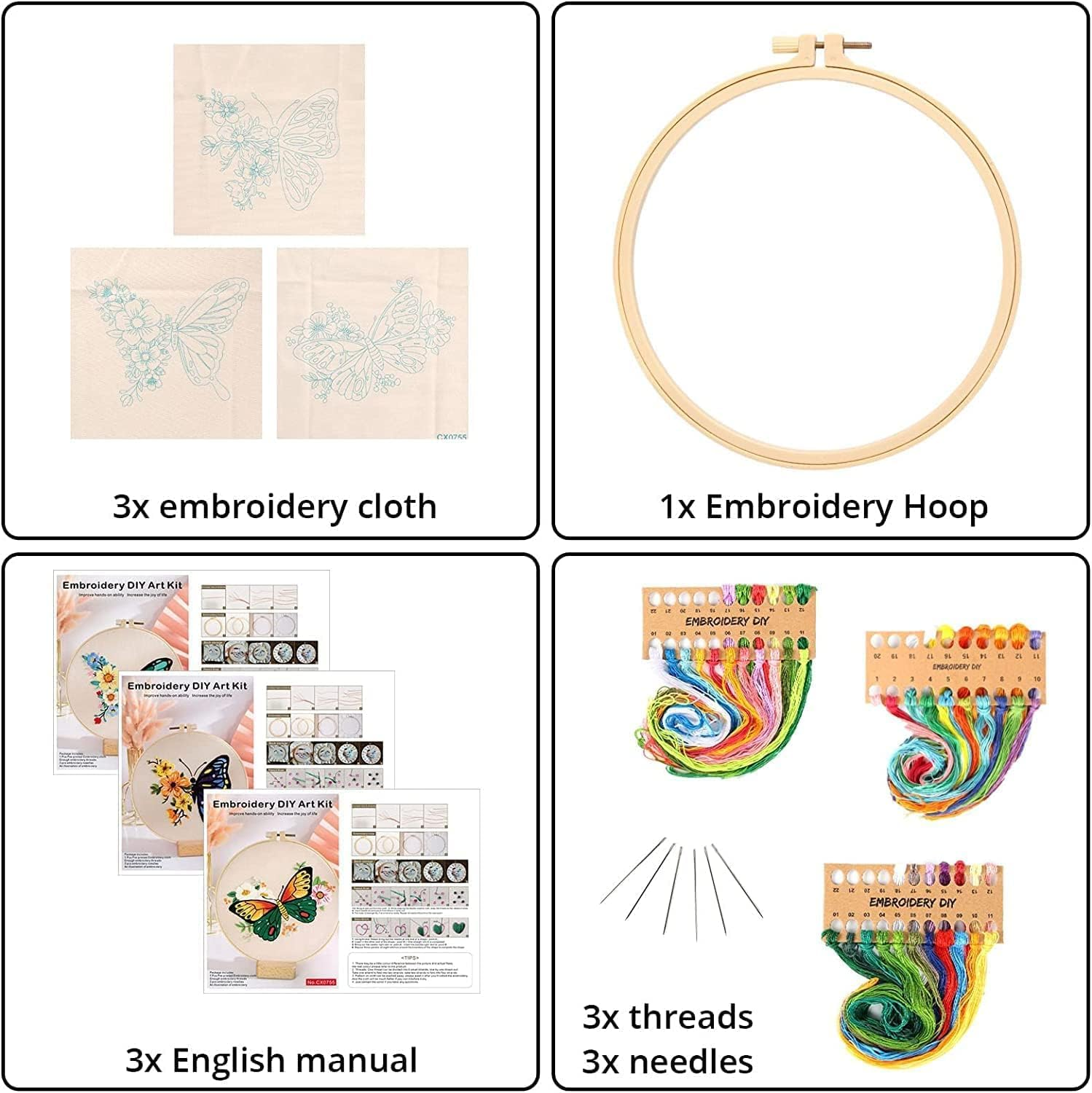 Adults Embroidery Starter Kits - 3 Sets with Cross Stitch Patterns, Hoops & Color Threads - Fun Hobby for Adults & Kids image number 6