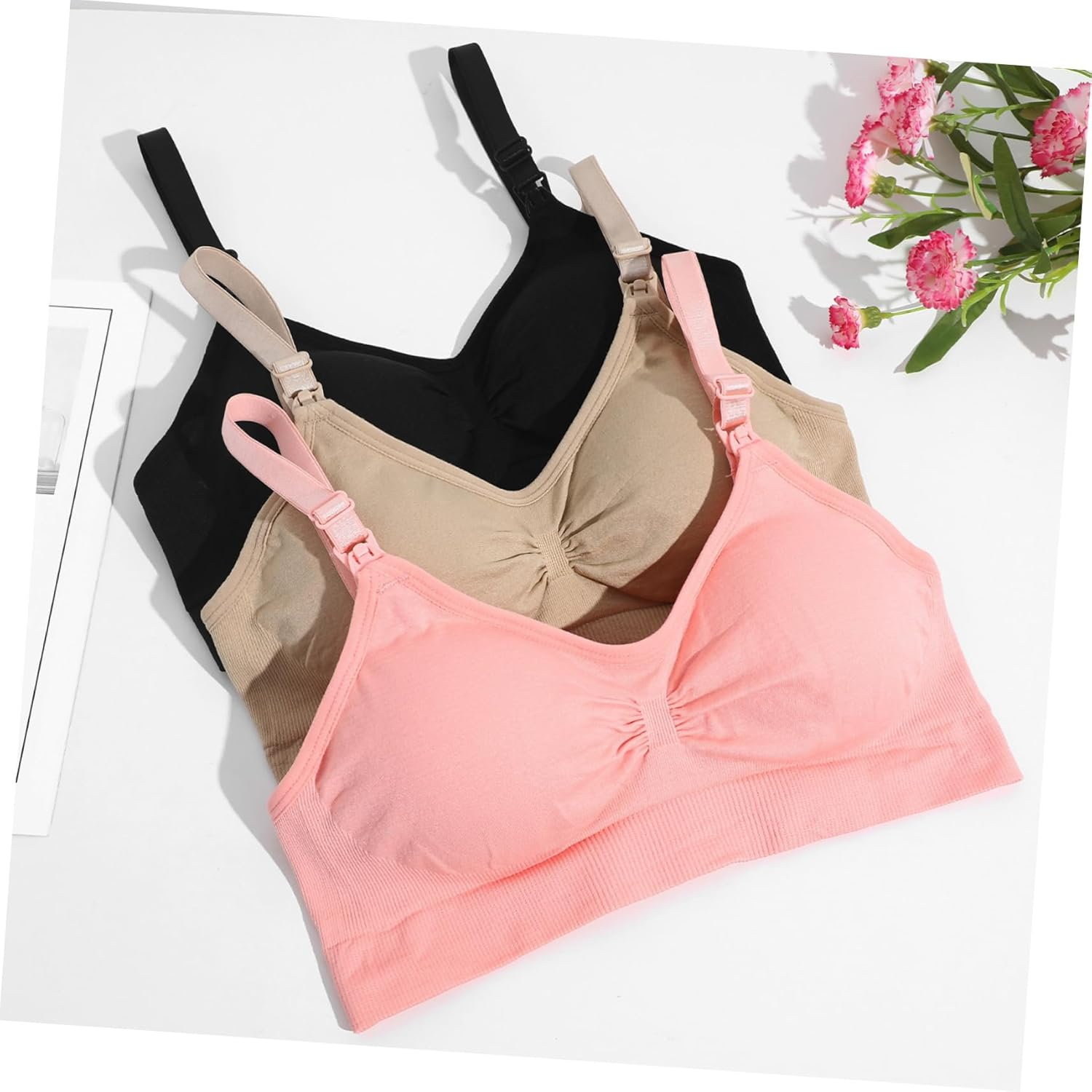 Nursing Bras for Breastfeeding Maternity Comfortable Spandex Bras for Pregnant Women with Detachable Extenders Skin Pink and Black Effortless Nursing Clips Included image number 3