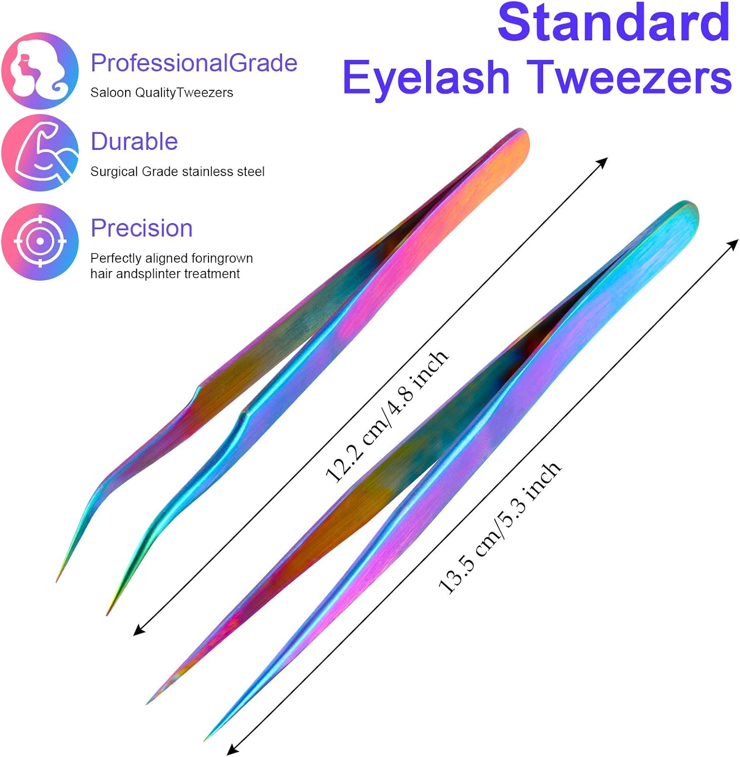 2 Pieces Straight and Curved Tip Tweezers Eyelash Extension Tweezers, Stainless Steel False Lash Application Tools (Iridescence) - Iridescence image number 5