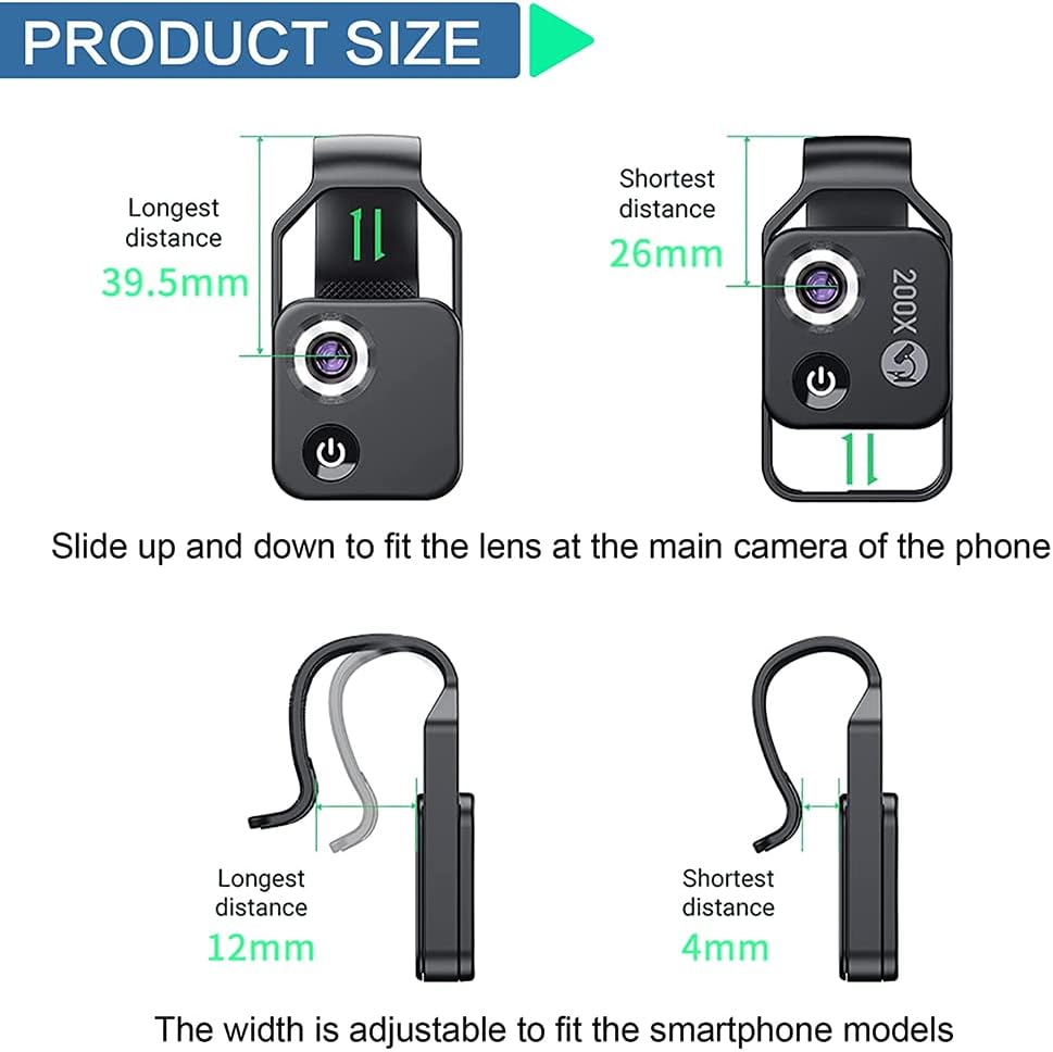 200X Cell Phone Microscope Accessory with Lens, Portable Mini Digital Microscope with LED Light/Universal Clip