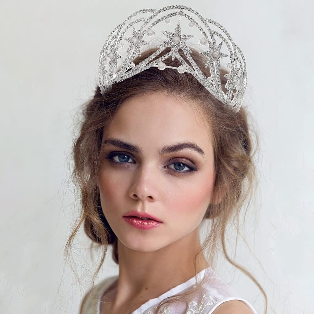Star Queen Headband Bridal Crown with Rhinestone and Pearl Hair Jewelry for Women Girls Wedding Birthday Photo Prop image number 3