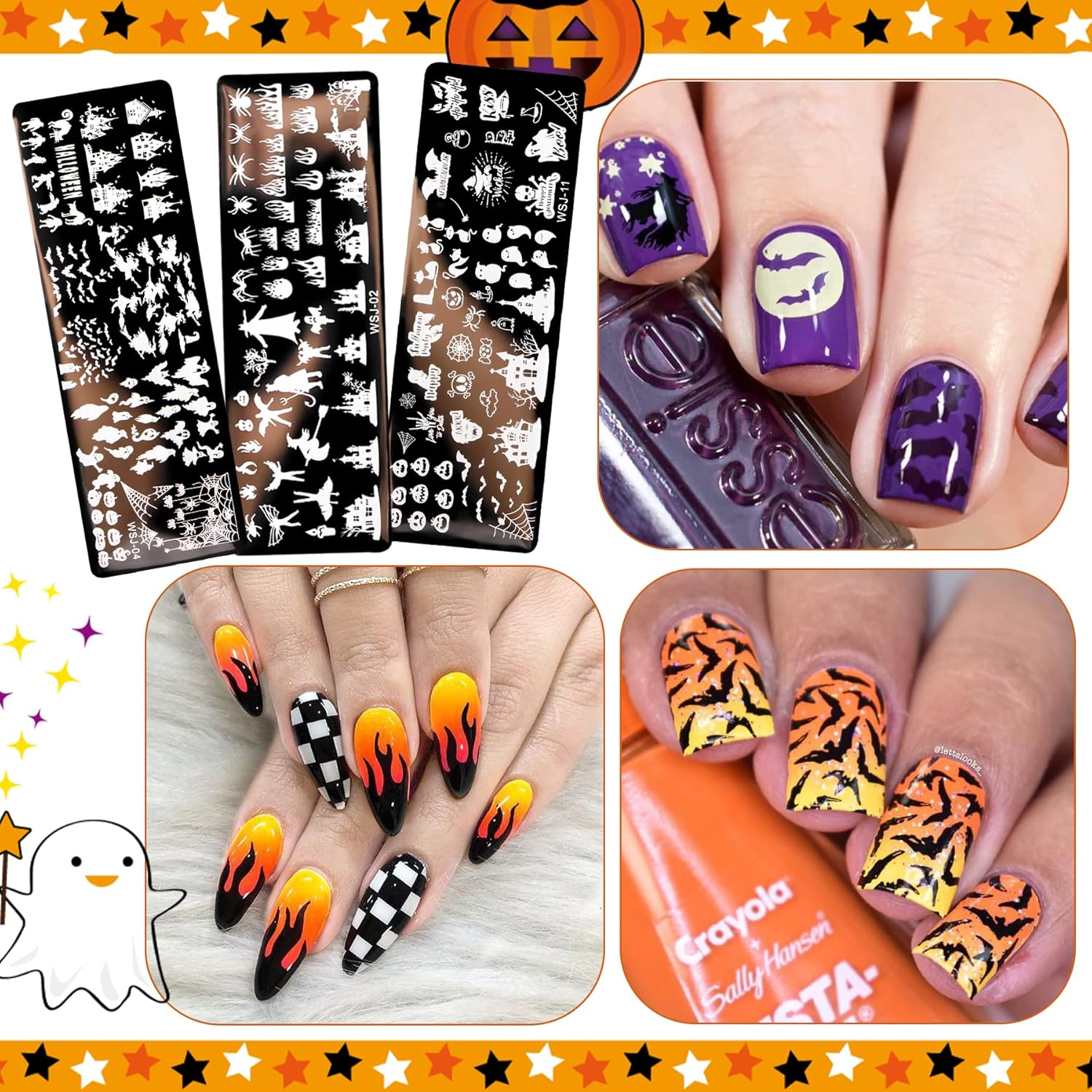 10Pcs Halloween Nail Stamp Plate Kit, 6Pcs Nail Art Image Templates 2 Stamper 2 Scraper Pumpkin Bat Witch Spider Owl for DIY Holiday Nail Art Stamping Stencils Design(Halloween Style) image number 1