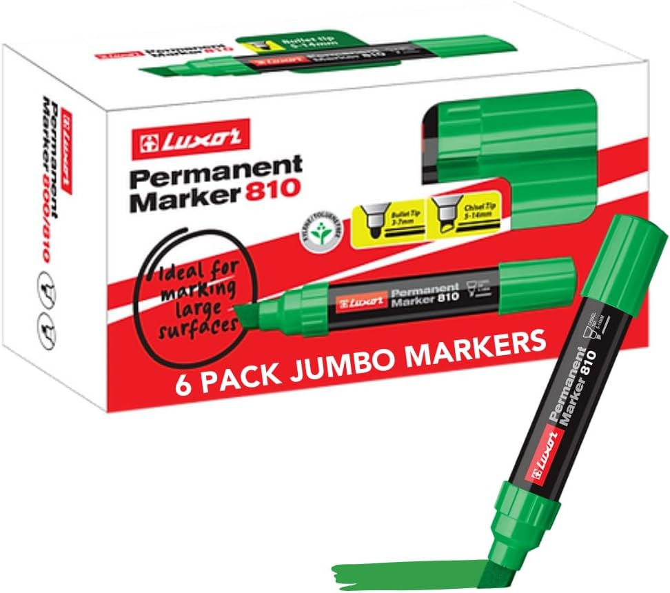 Luxor Jumbo Permanent Marker, Black Ink, 1 X 6 Pack (6 Markers) | Chisel Tip | Eco-Friendly, Xylene & Toluene Free | Thick Marker for School, Home & Office